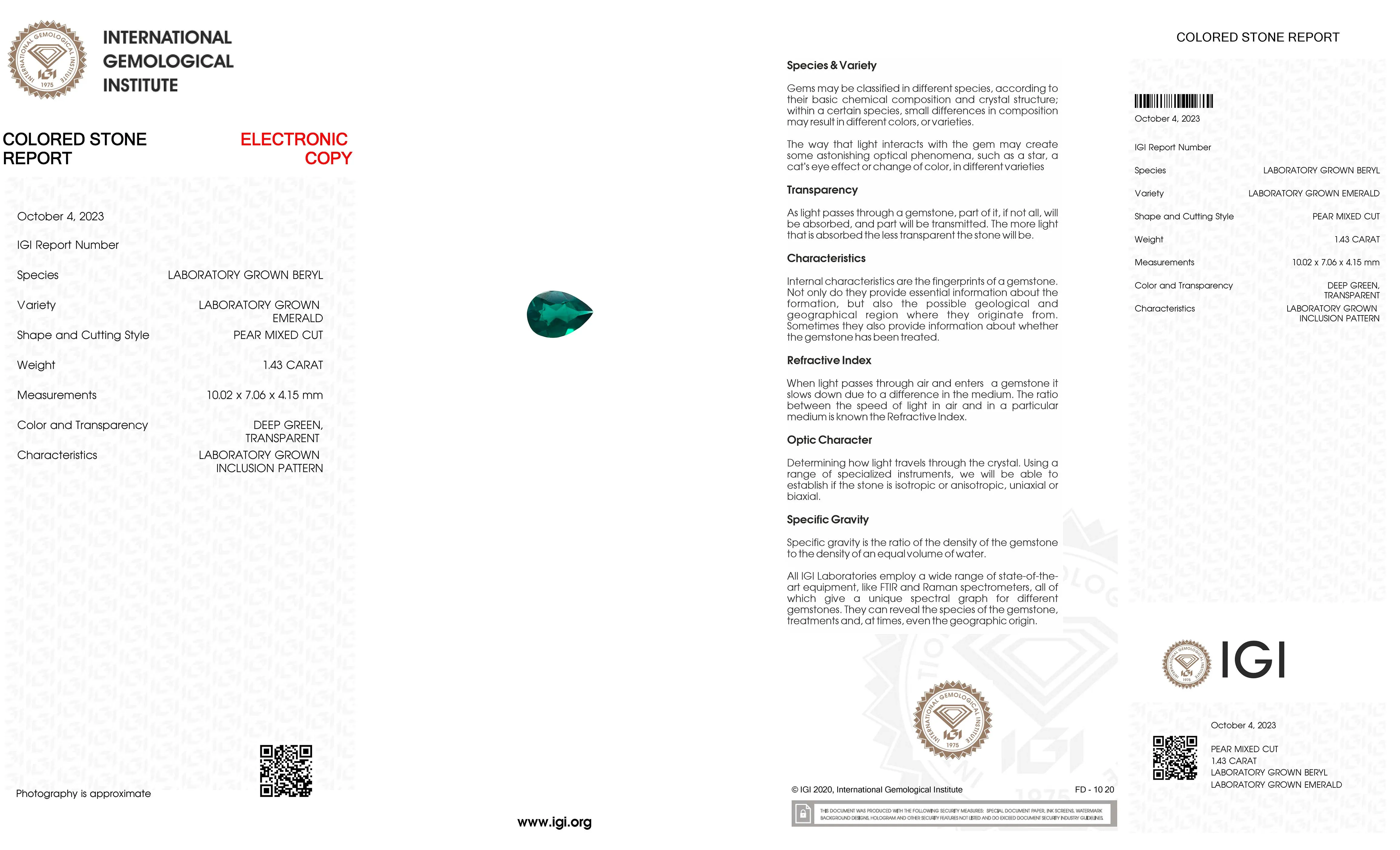 Emerald | IGI certified | Lab-Created Hydrothermal, pear cut 10x7mm, VS 1.43ct