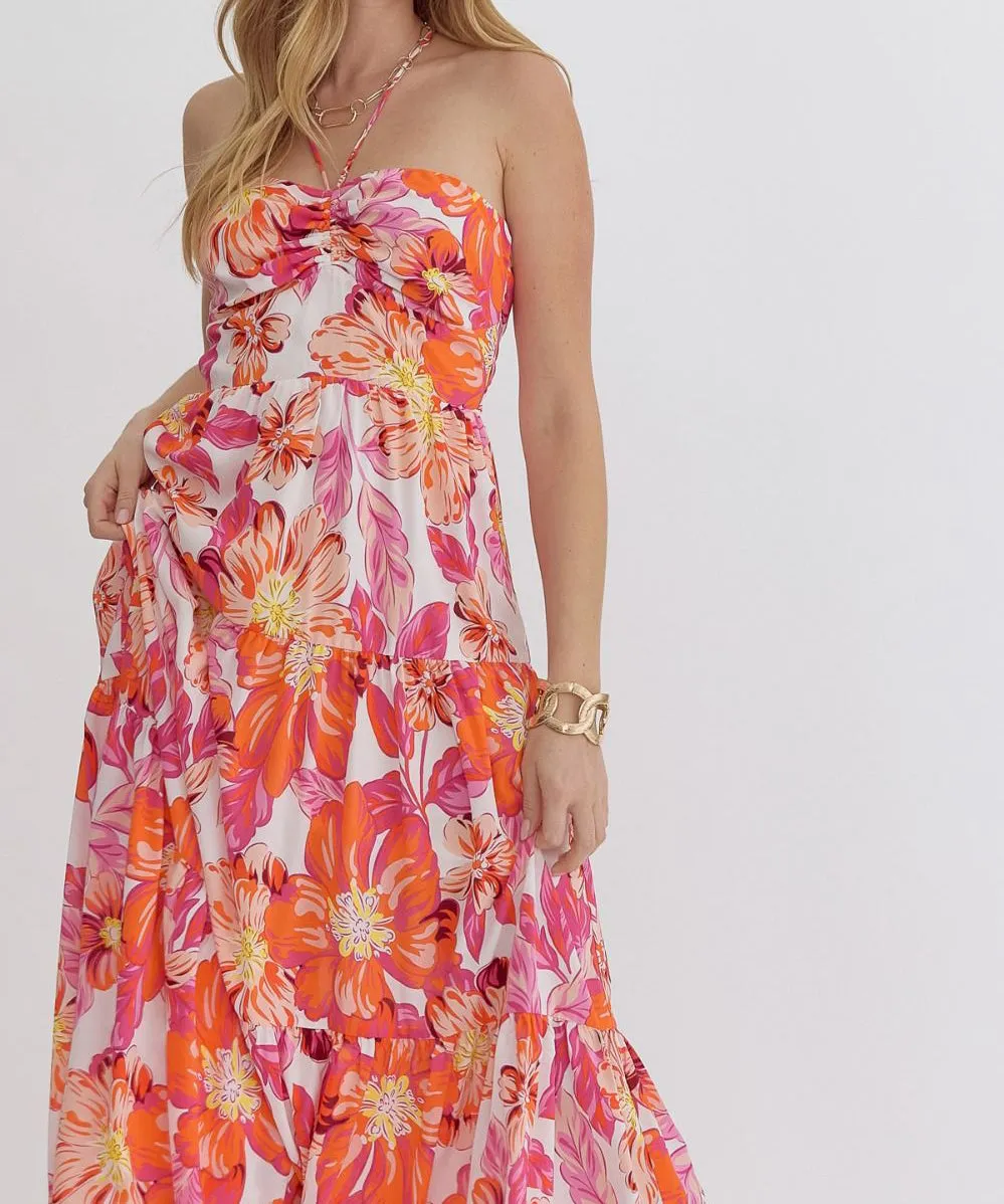 Floral Halter Neck Maxi Dress - Orange