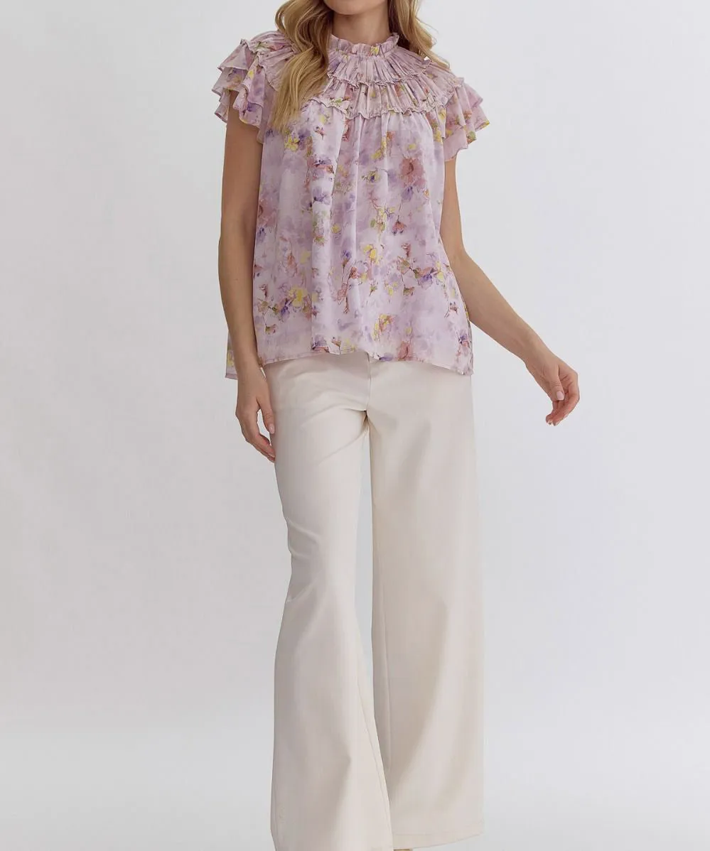 Floral Print Ruffle Sleeve Top - Lavender