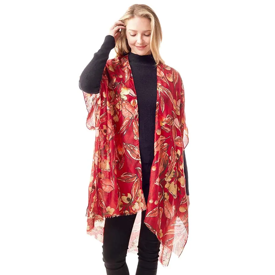 Floral Printed Gold Foil Accented Ruana Poncho