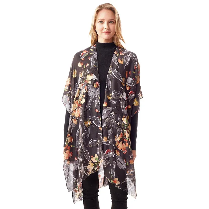 Floral Printed Gold Foil Accented Ruana Poncho