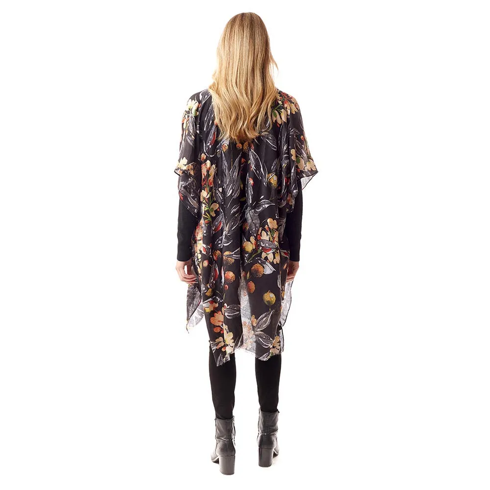 Floral Printed Gold Foil Accented Ruana Poncho