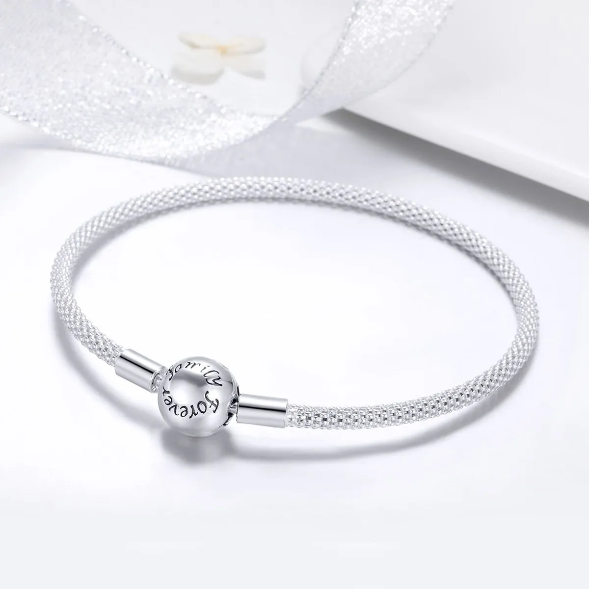 Forever Love Engraved Sterling Silver Mesh Bracelet