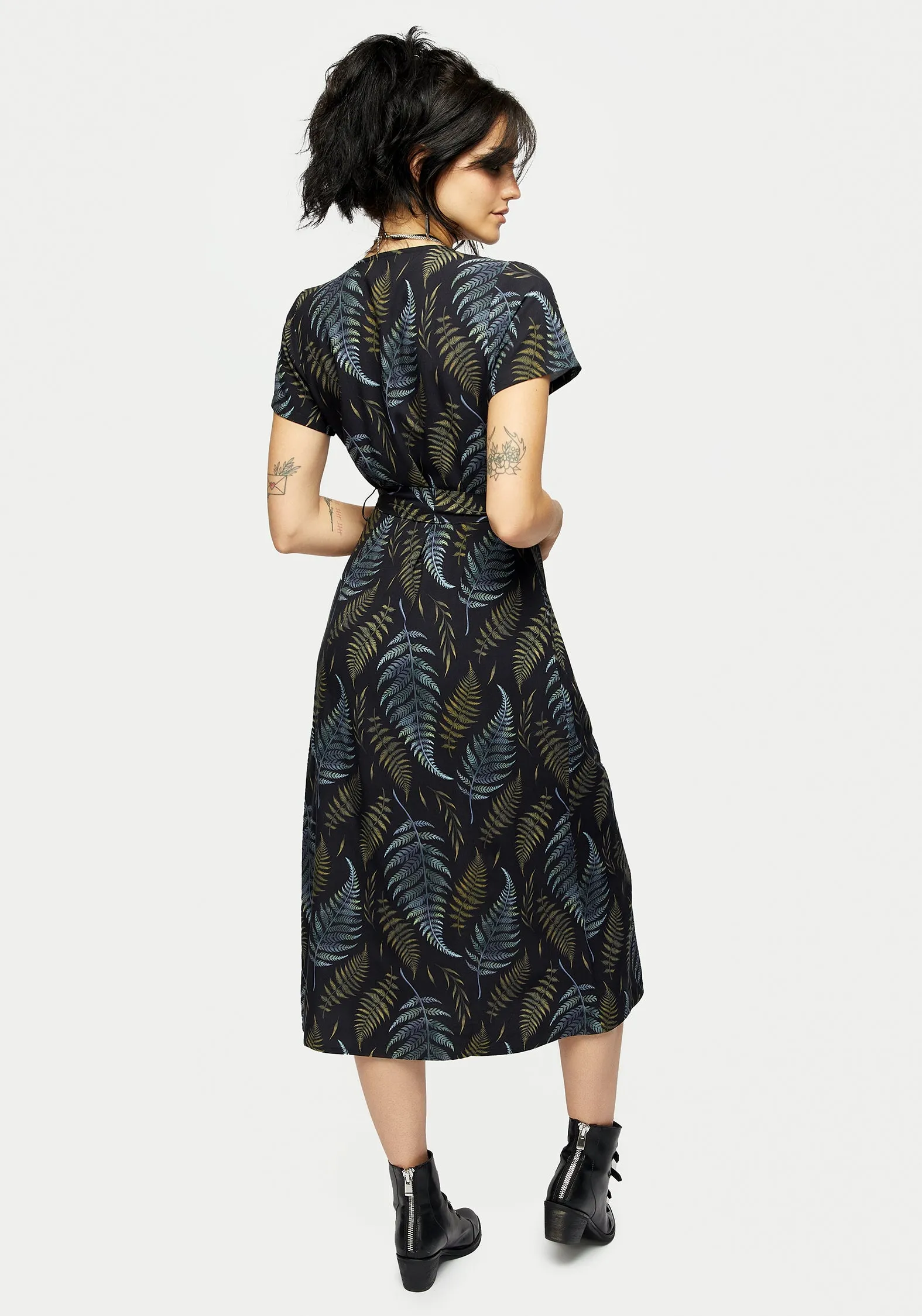 Frond Print Faux Wrap Midi Dress