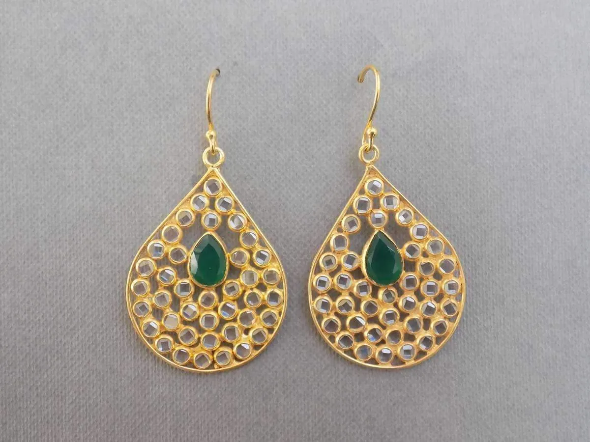 green onyx & crystal Gold plated Earrings, Gold Plated Sterling Silver Earrings, Genuine Gemstone Jewelry