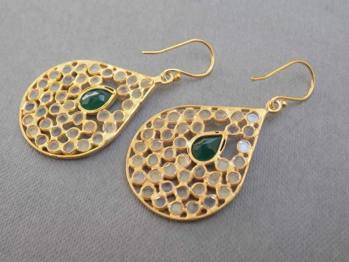 green onyx & crystal Gold plated Earrings, Gold Plated Sterling Silver Earrings, Genuine Gemstone Jewelry