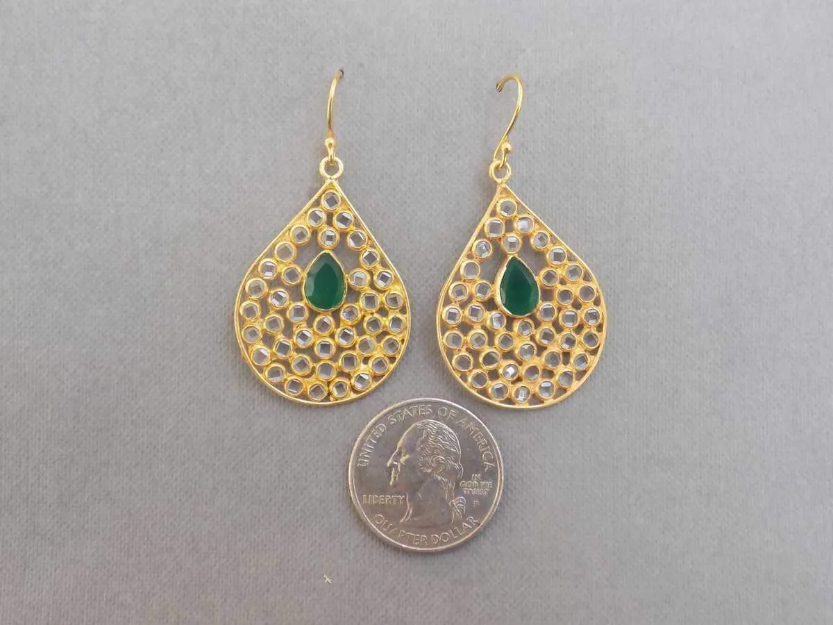 green onyx & crystal Gold plated Earrings, Gold Plated Sterling Silver Earrings, Genuine Gemstone Jewelry