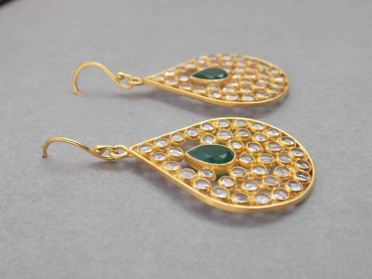 green onyx & crystal Gold plated Earrings, Gold Plated Sterling Silver Earrings, Genuine Gemstone Jewelry