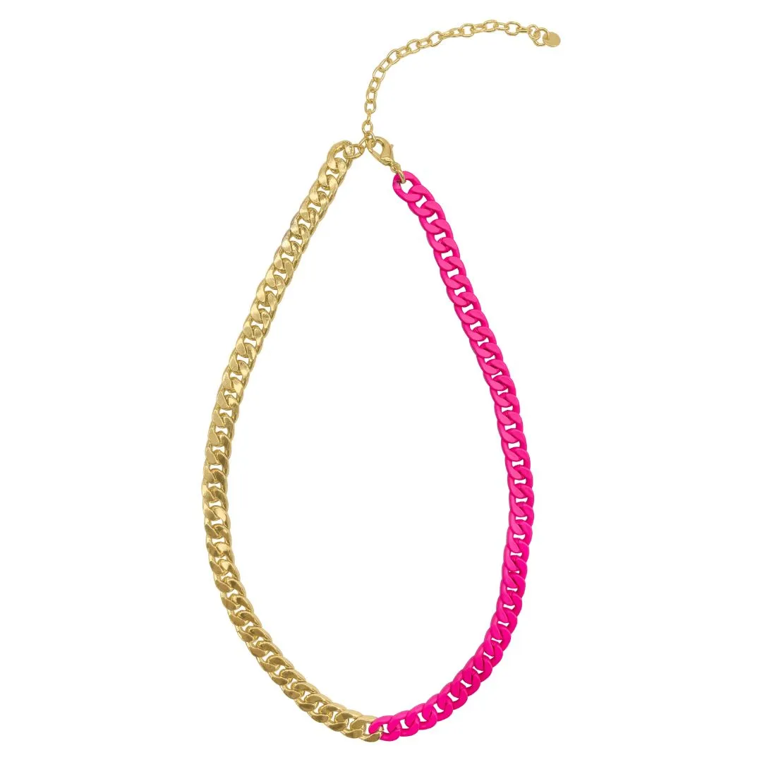 Half Neon Pink Half Gold Curb Chain Necklace