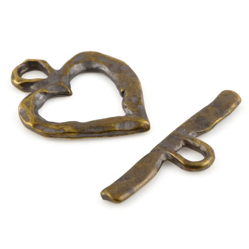 Jewelry Findings Wholesale-23x28mm Hammered Heart & 8x32mm Toggle-Antique Bronze-Quantity 10