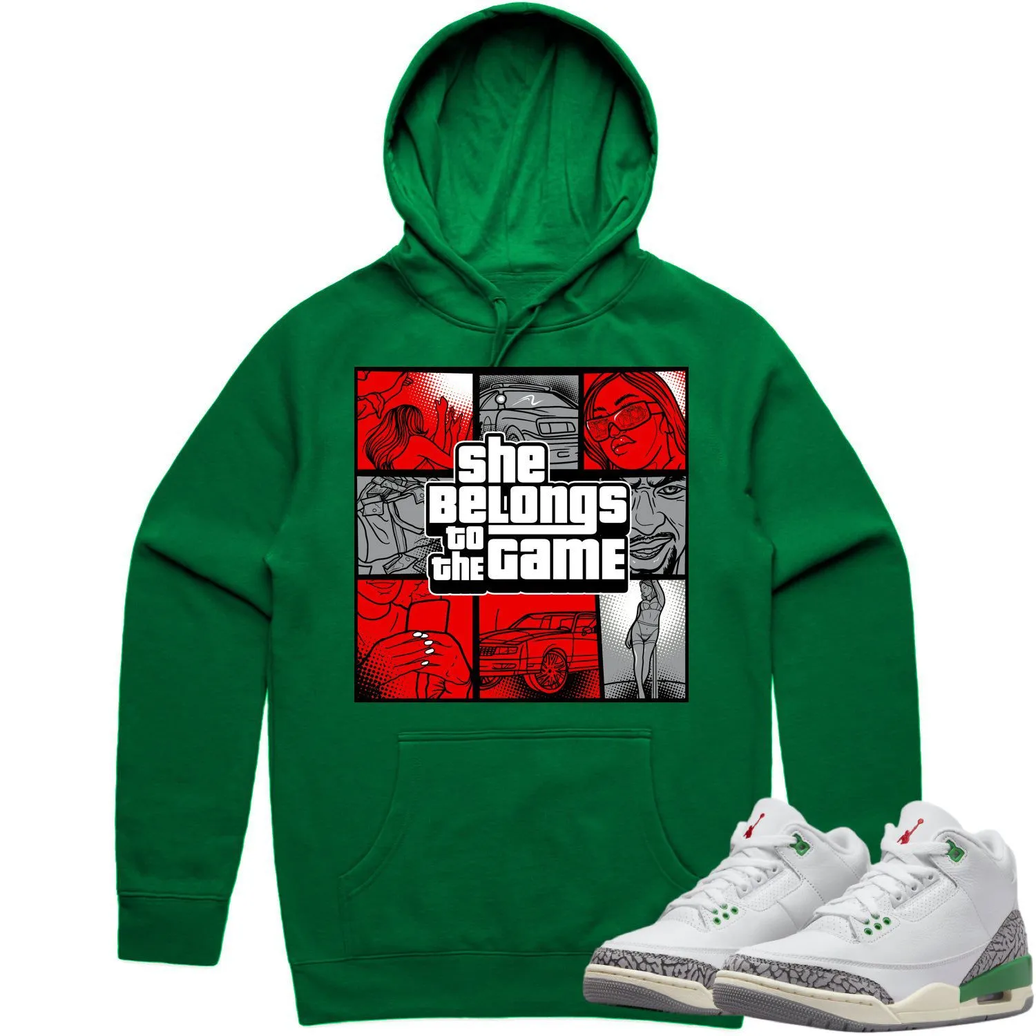 Jordan 3 Lucky Green 3s Hoodie to Match - RED BELONGS TO THE GAME