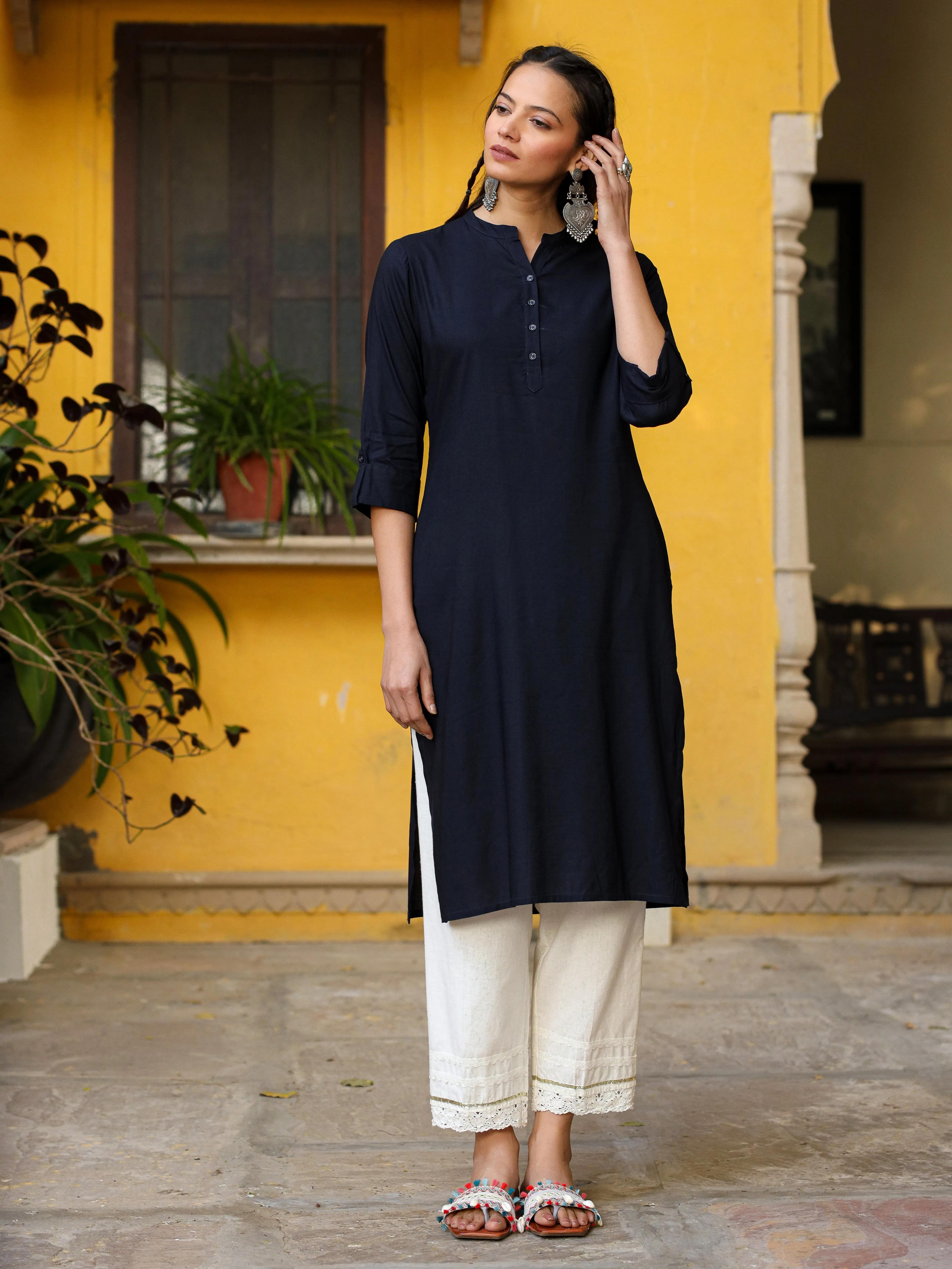 Juniper Navy Blue Solid Modal Rayon Straight Kurta With Half Placket At Front