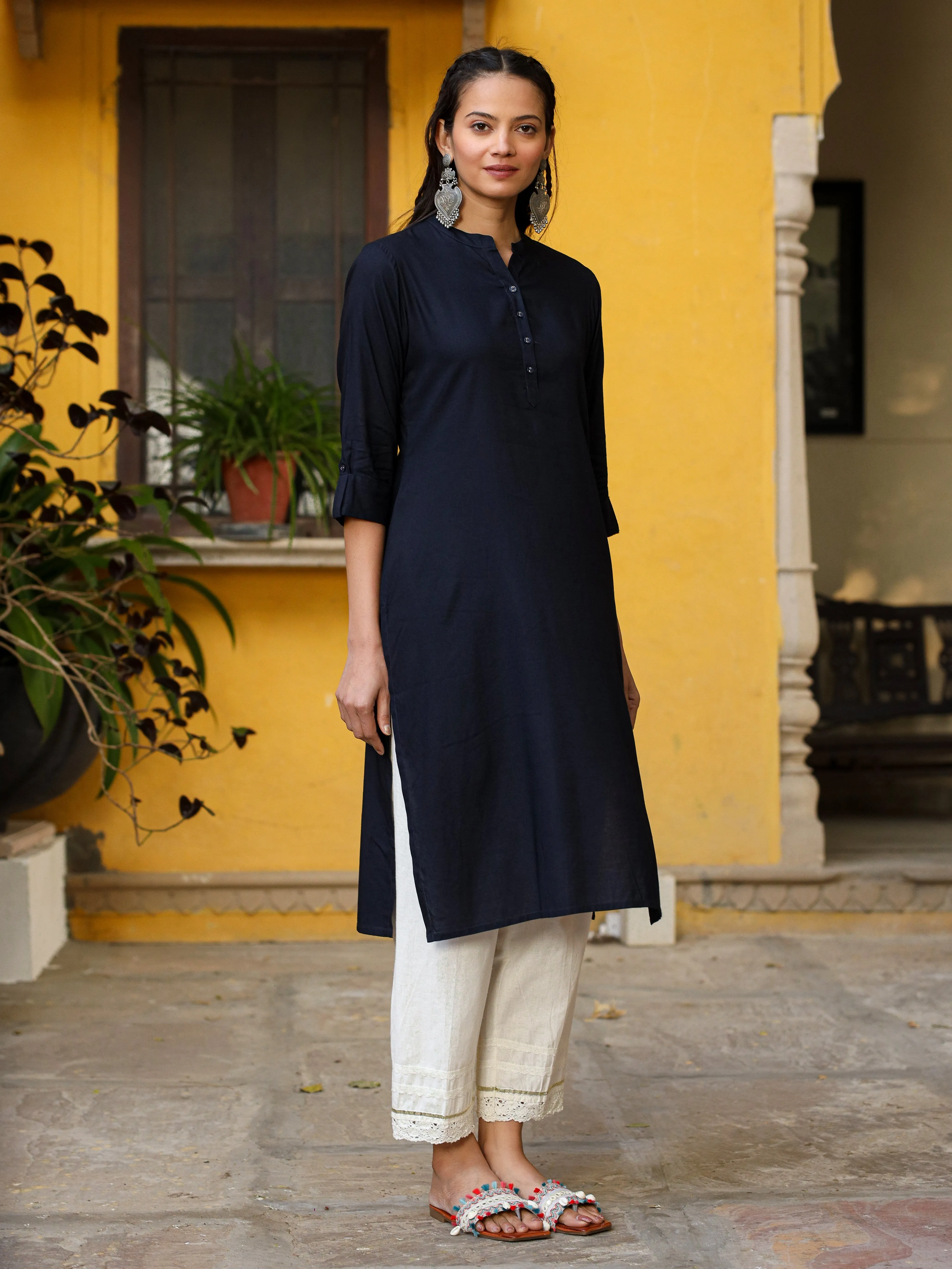 Juniper Navy Blue Solid Modal Rayon Straight Kurta With Half Placket At Front