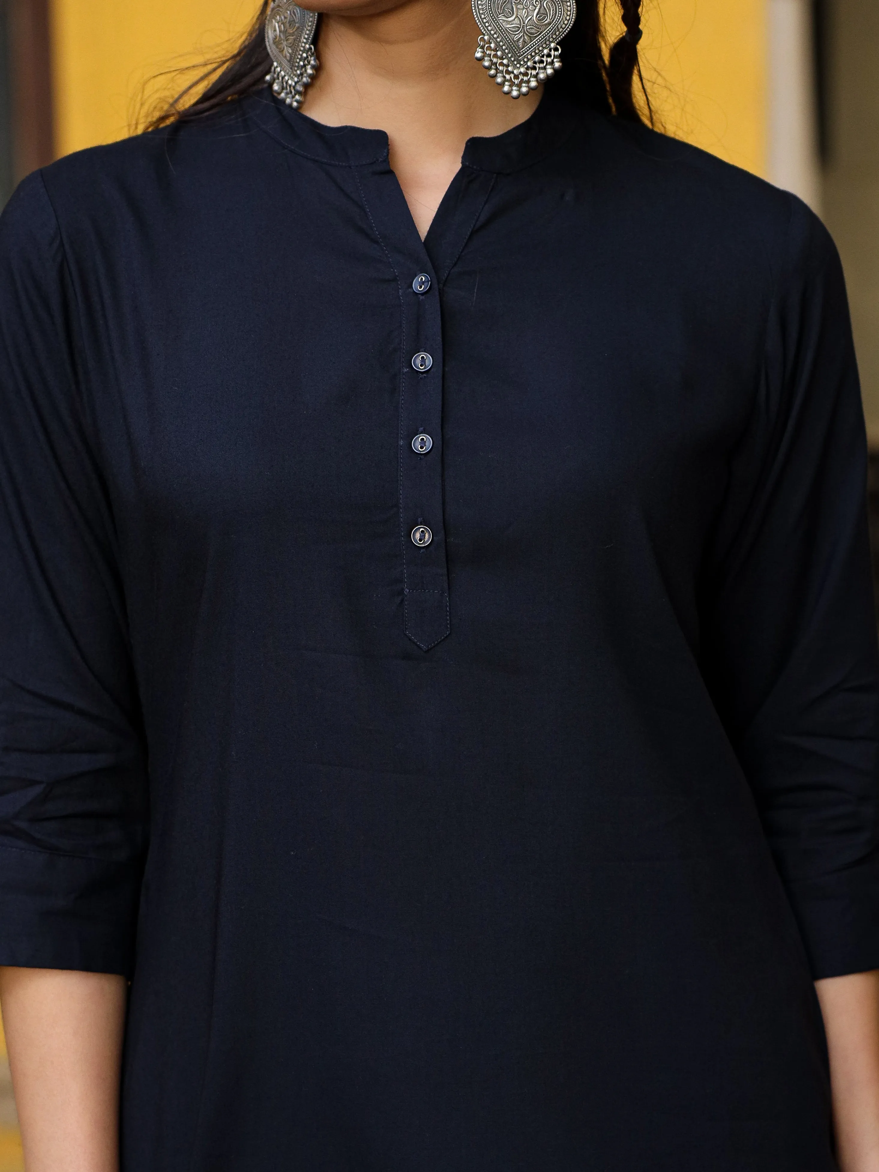 Juniper Navy Blue Solid Modal Rayon Straight Kurta With Half Placket At Front