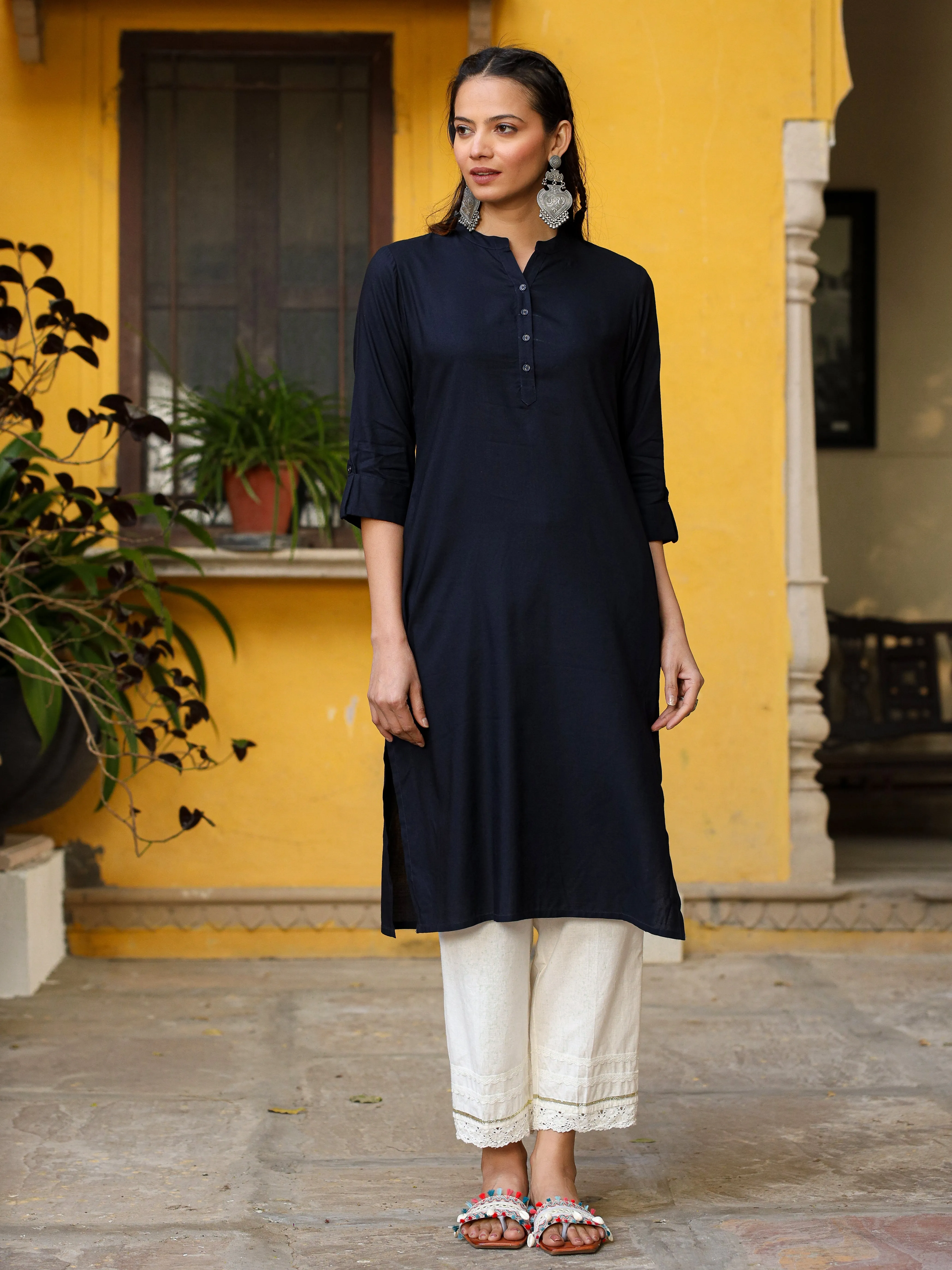 Juniper Navy Blue Solid Modal Rayon Straight Kurta With Half Placket At Front