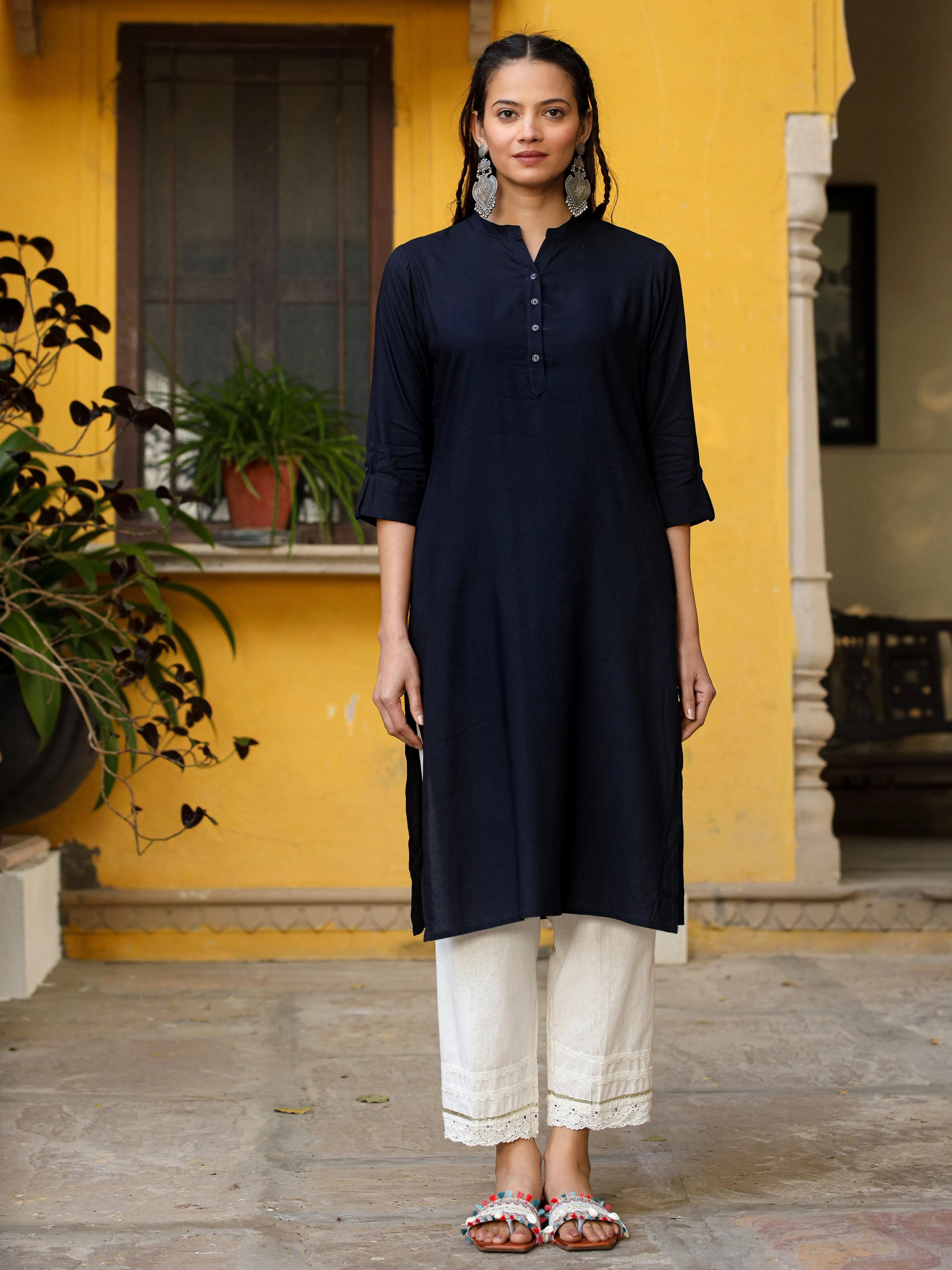 Juniper Navy Blue Solid Modal Rayon Straight Kurta With Half Placket At Front