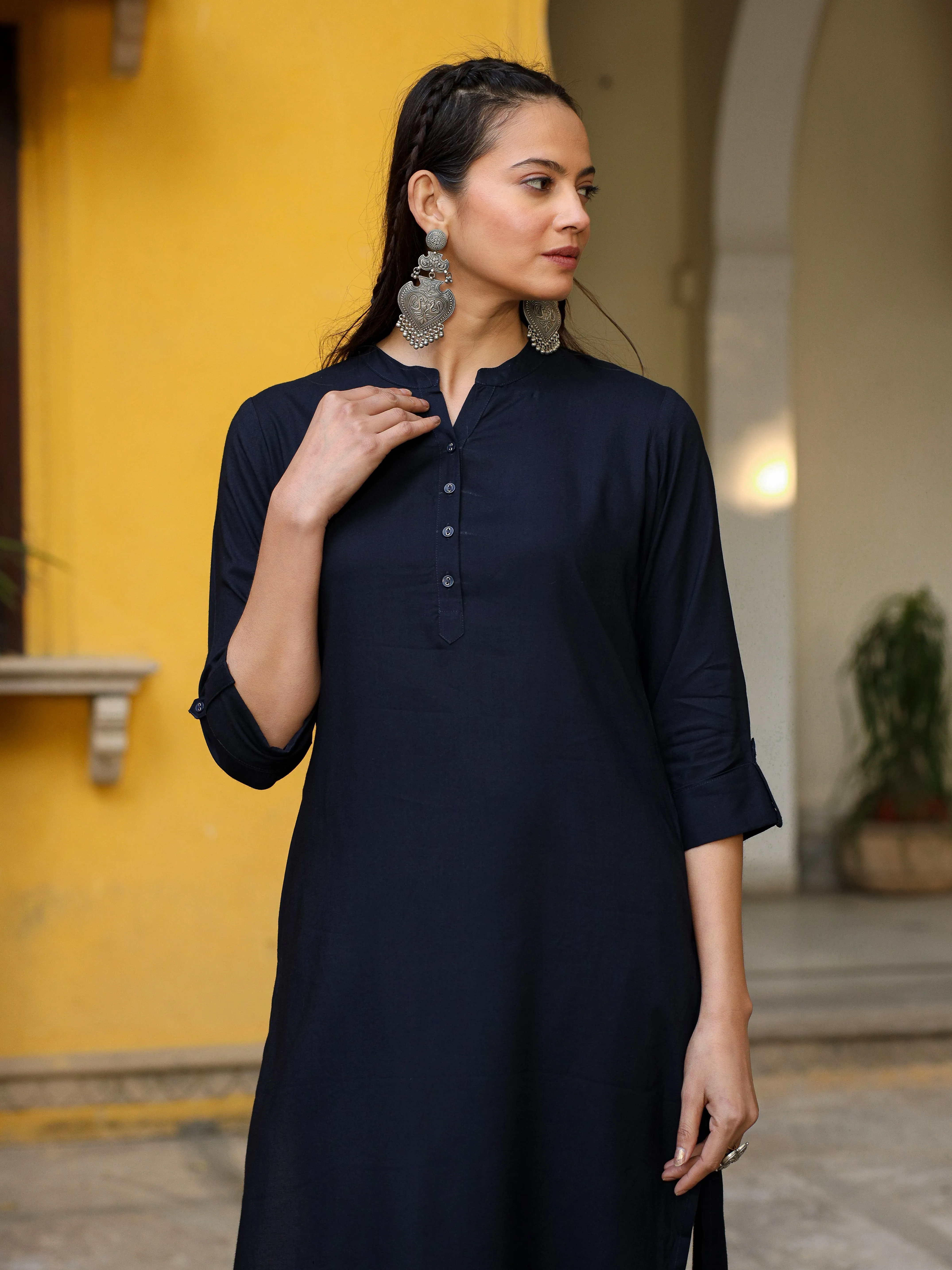 Juniper Navy Blue Solid Modal Rayon Straight Kurta With Half Placket At Front