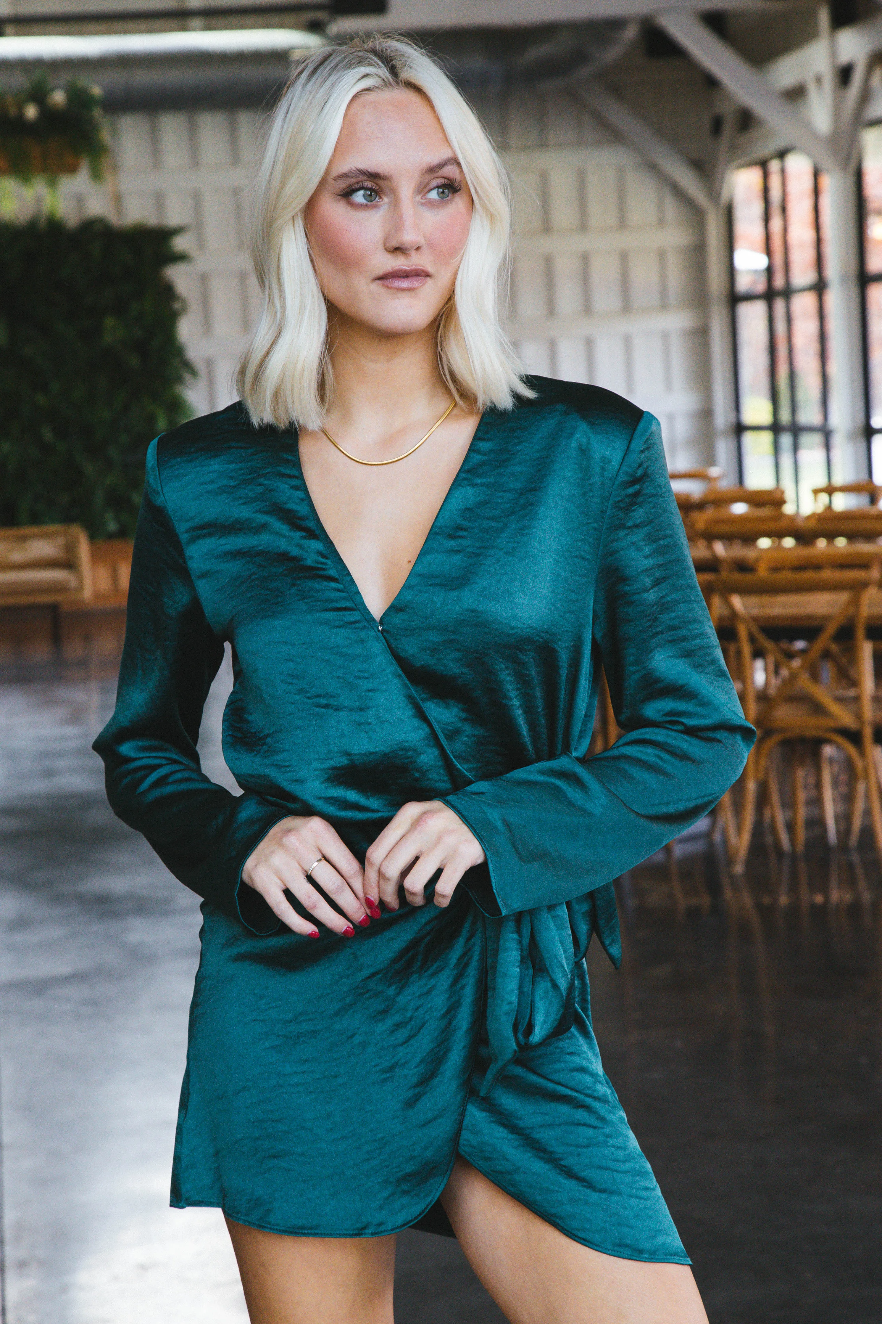 Leilani Long Sleeve Satin Wrap Dress, Hunter Green