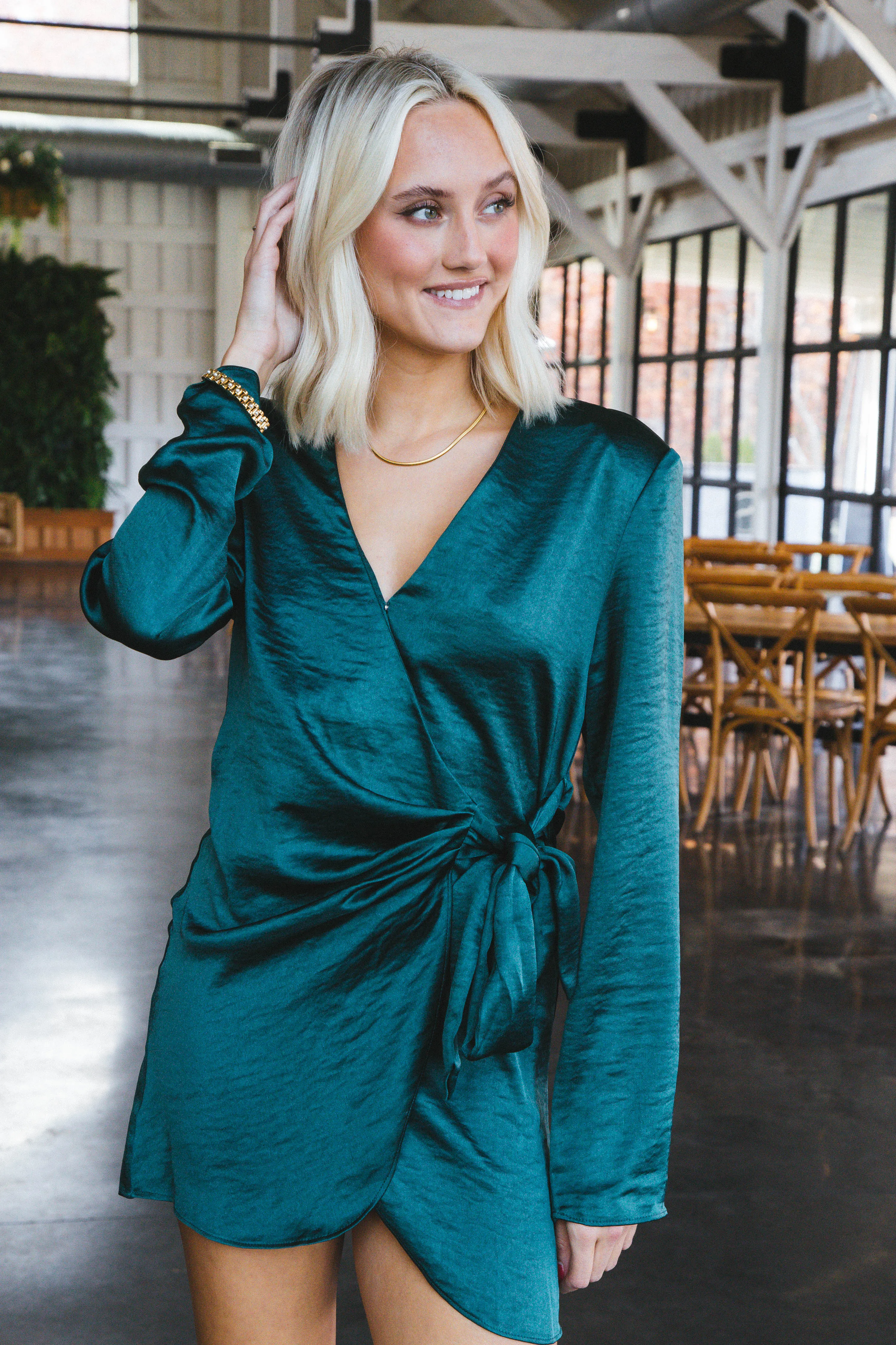 Leilani Long Sleeve Satin Wrap Dress, Hunter Green