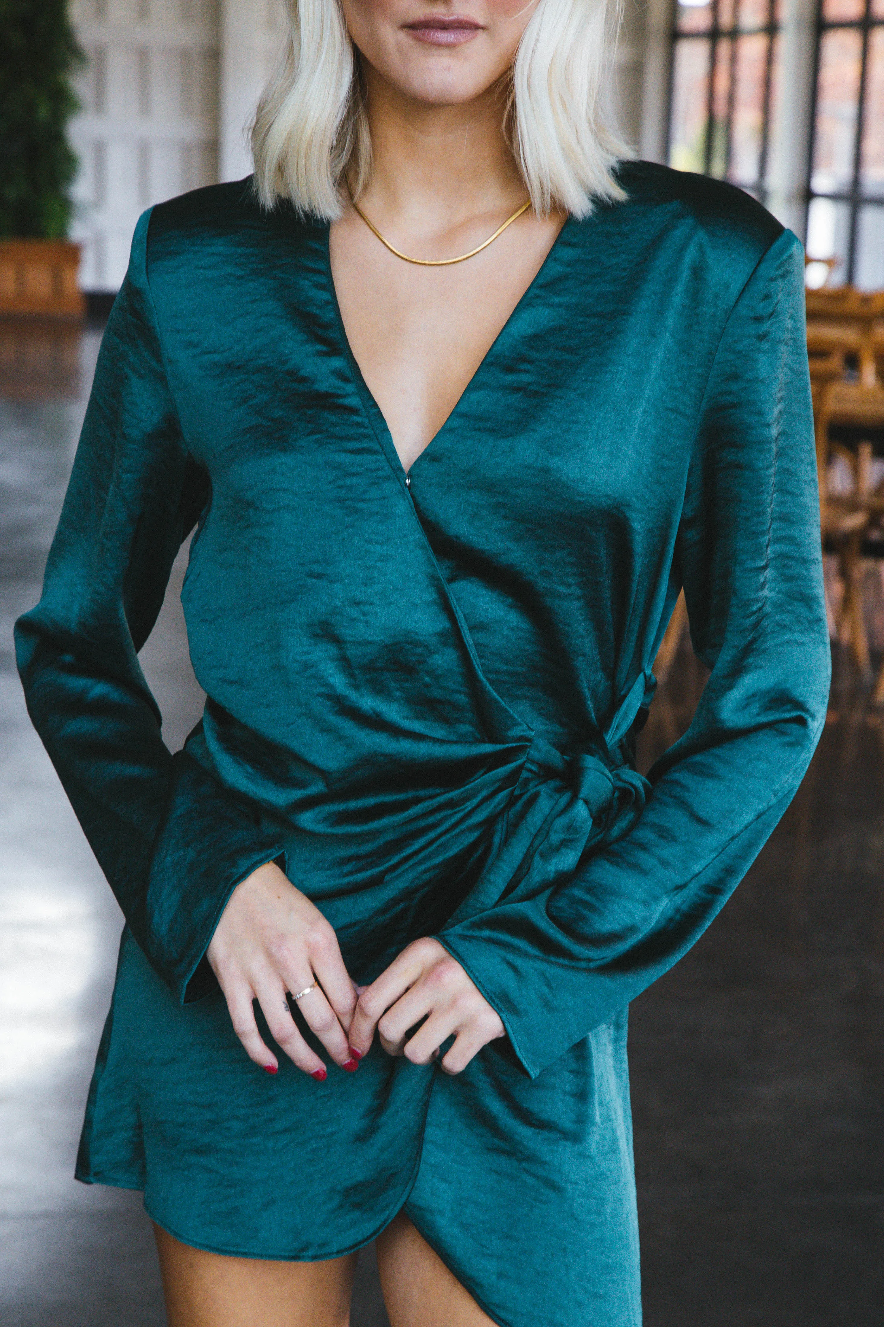 Leilani Long Sleeve Satin Wrap Dress, Hunter Green