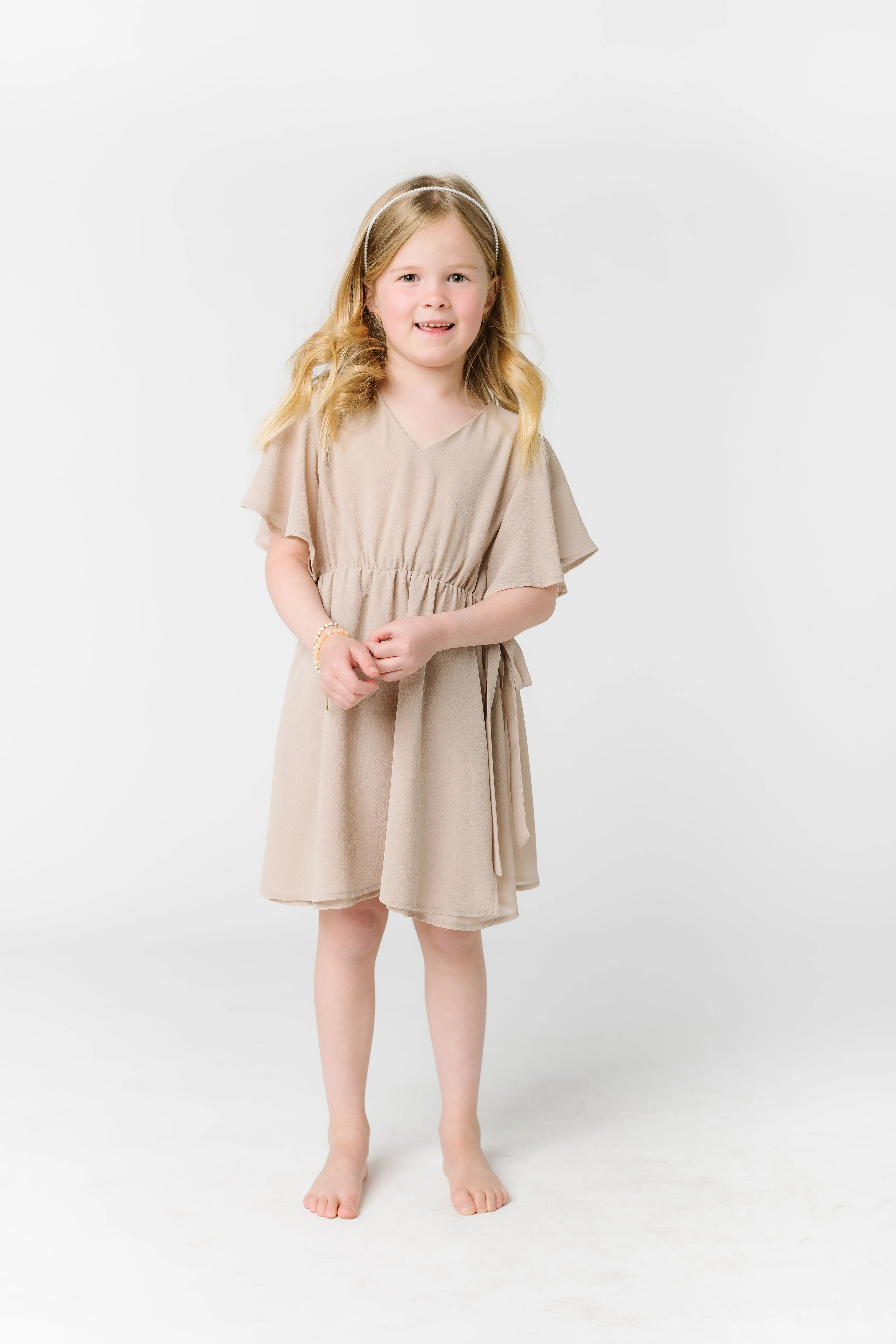 Little Naples Flutter Sleeve Girl's Dress - Taupe