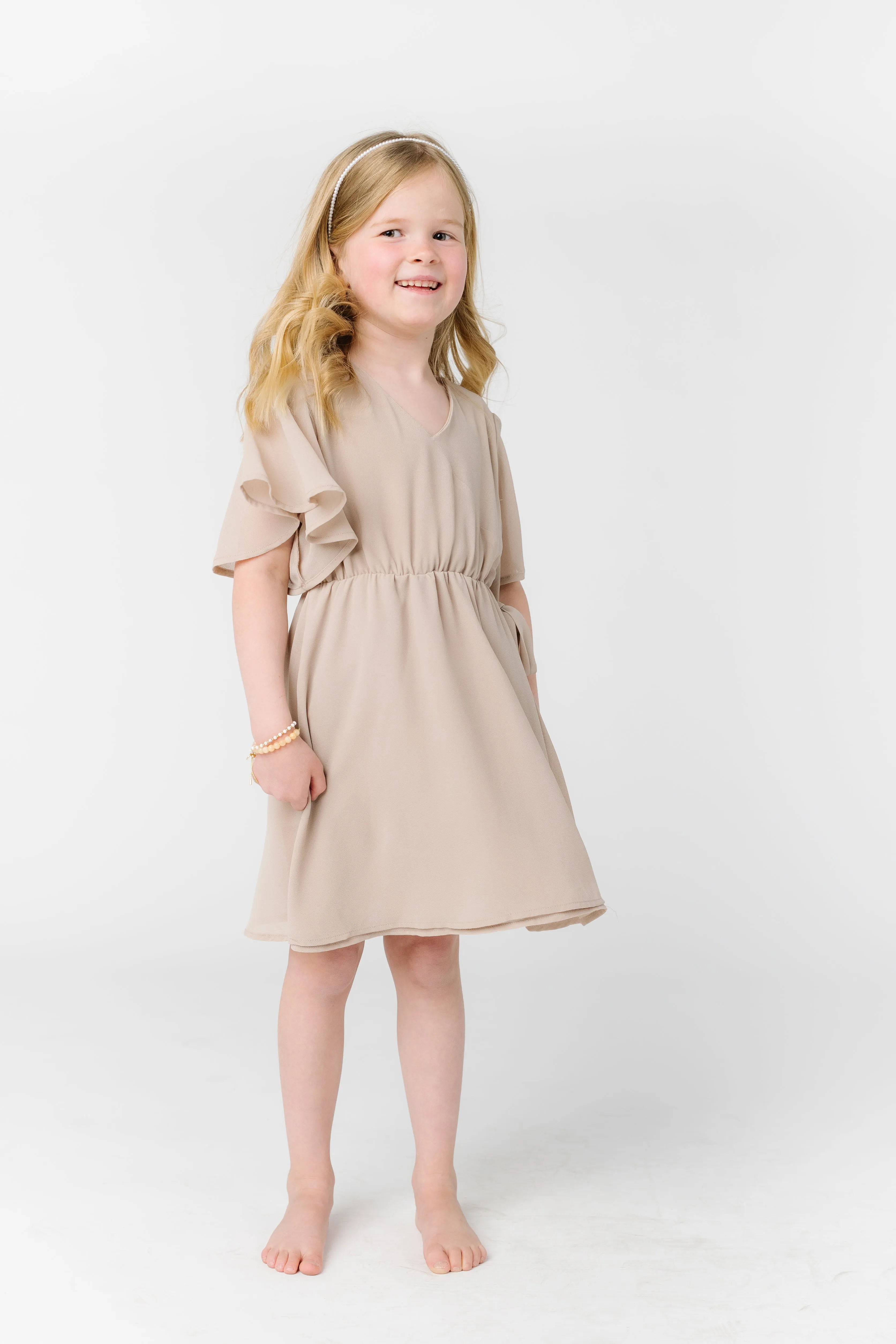 Little Naples Flutter Sleeve Girl's Dress - Taupe