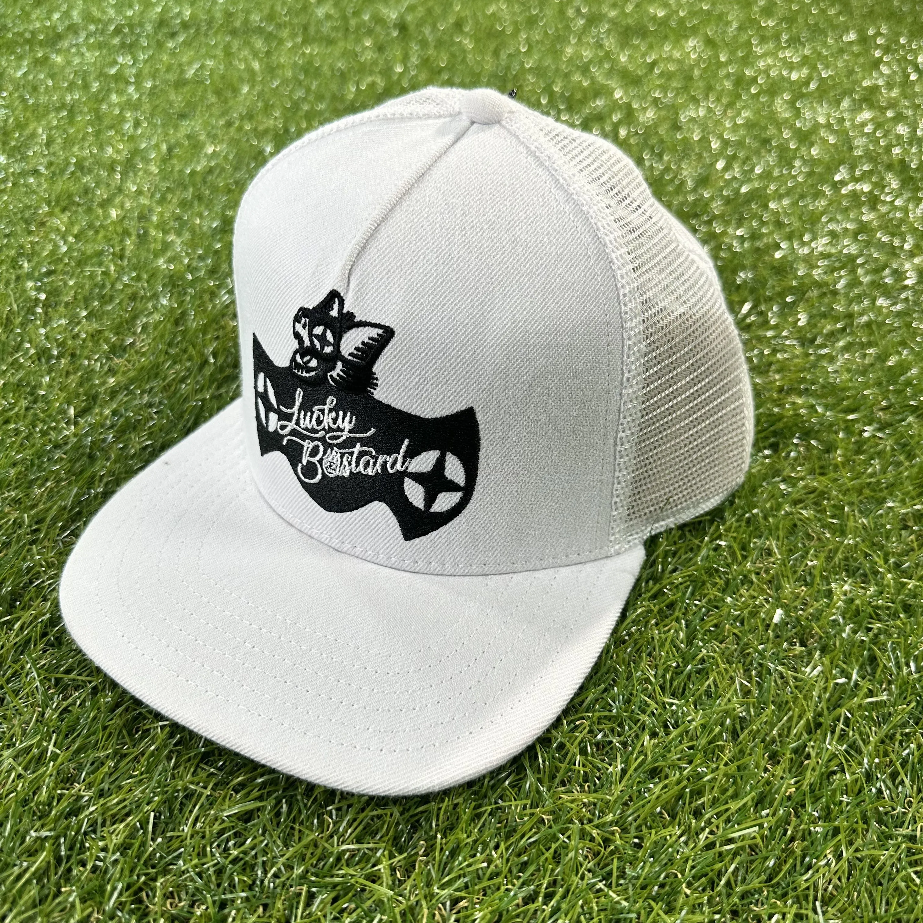 Lucky Bastard Bat Mesh Trucker Hat (White)