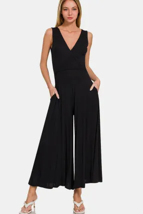 Minimalist Black Jumpsuit Zenana Surplice Neckline Sleeveless Jumpsuit