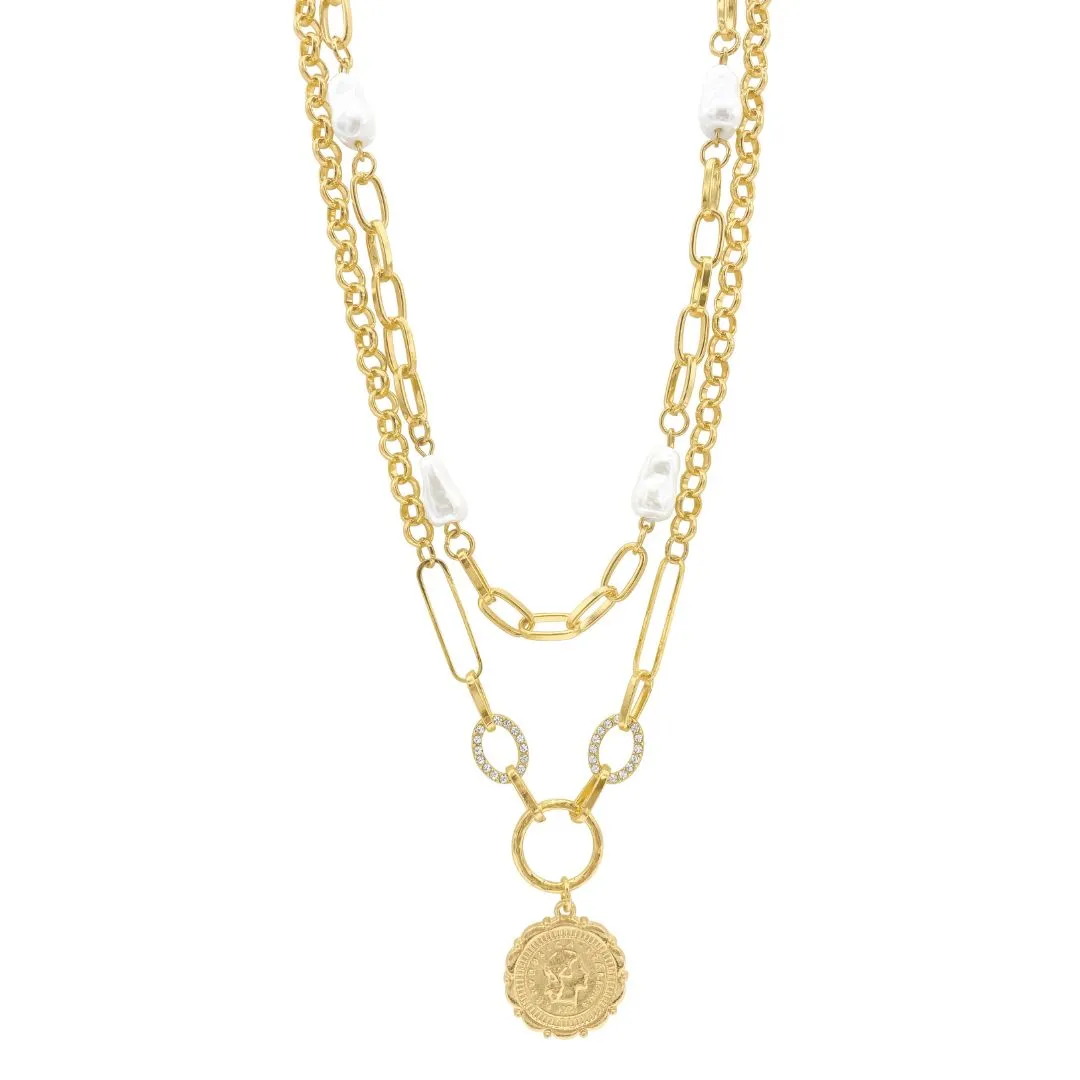 Mixed Chain Pearl and Coin Layered Necklace gold