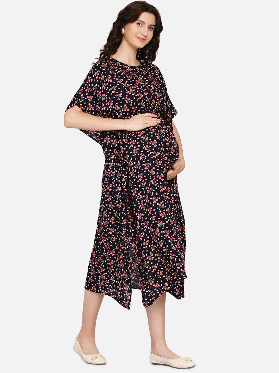 Navy Floral Print Maternity and Nursing Kaftan For Mom-to-be