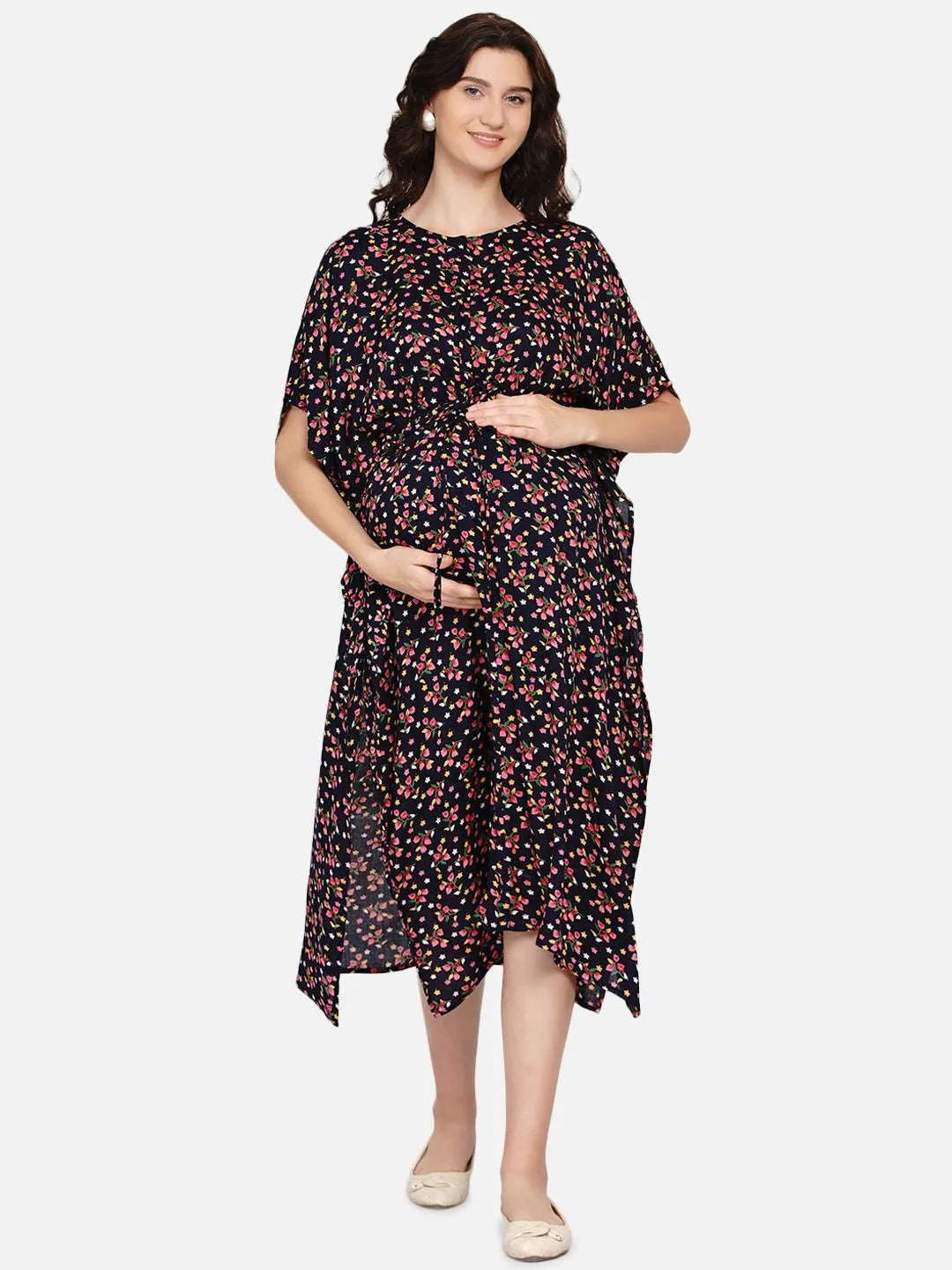 Navy Floral Print Maternity and Nursing Kaftan For Mom-to-be