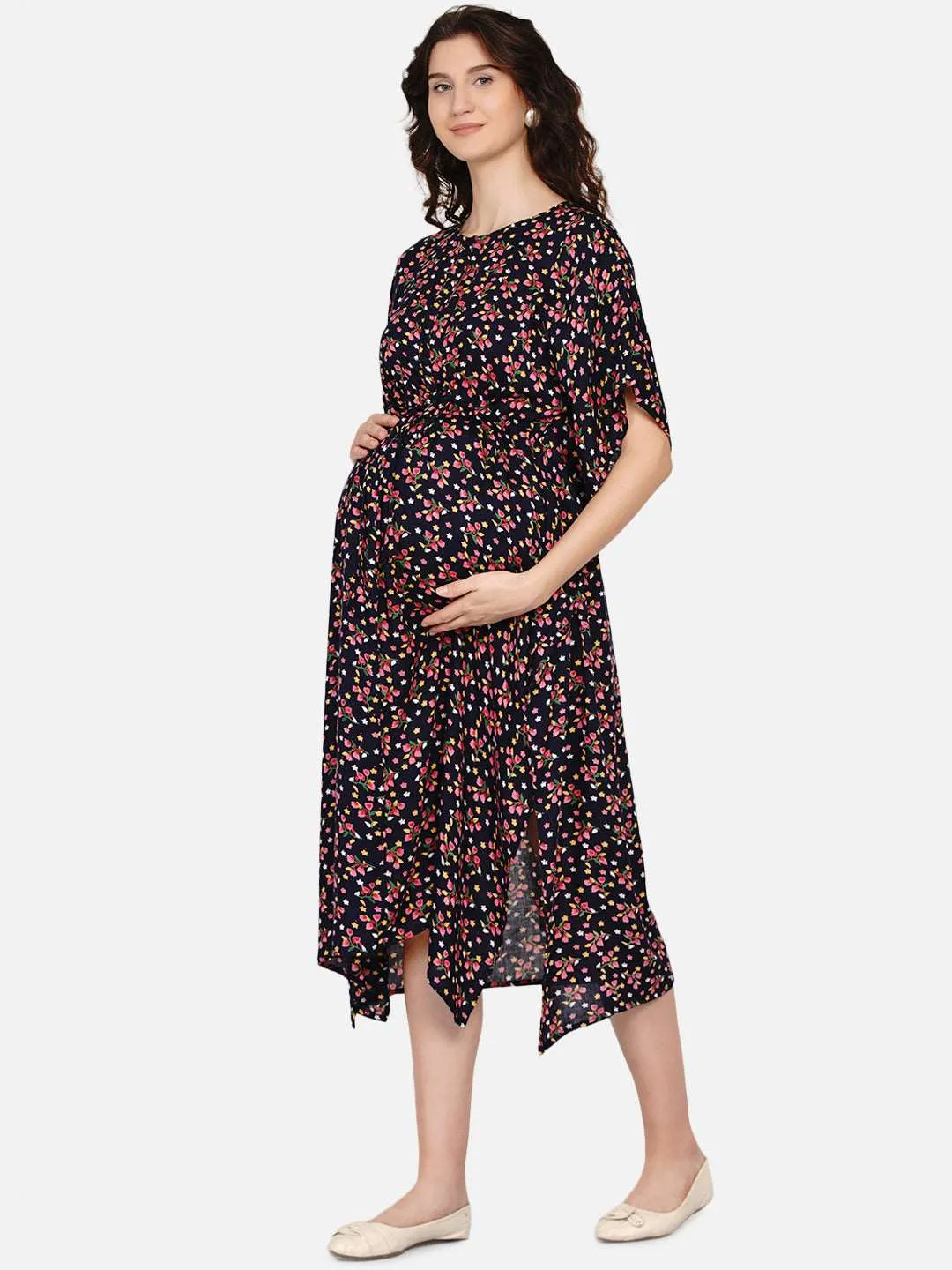 Navy Floral Print Maternity and Nursing Kaftan For Mom-to-be