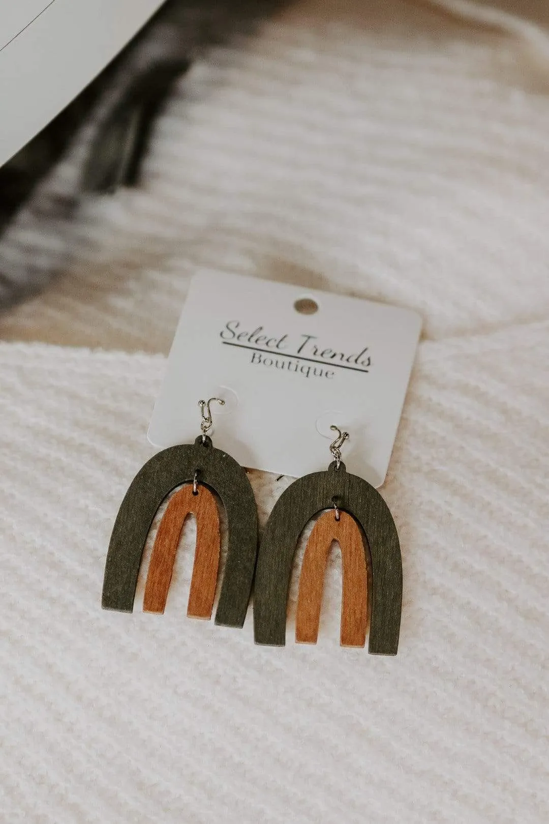 Olive Wooden Rainbow Earrings