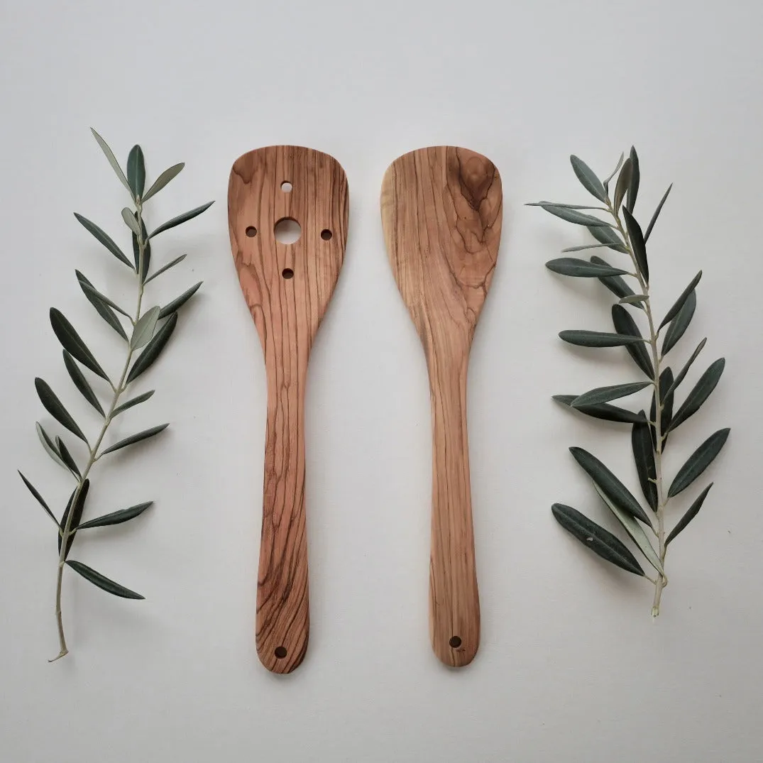 Palestinian Olive Wood Kitchen Utensils | Set of 2 Large Spoons with Holes