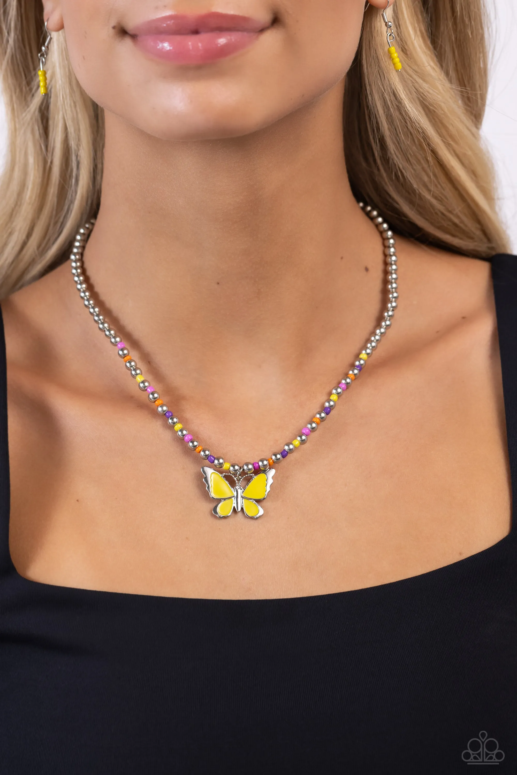 Paparazzi Vibrant Flutter Yellow Necklace & Earring Set