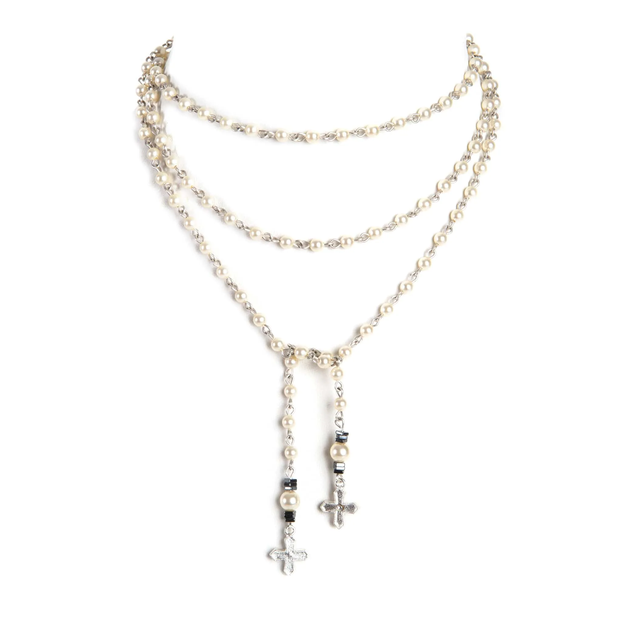 Peace Cross Beaded Lariat Cream Pearl