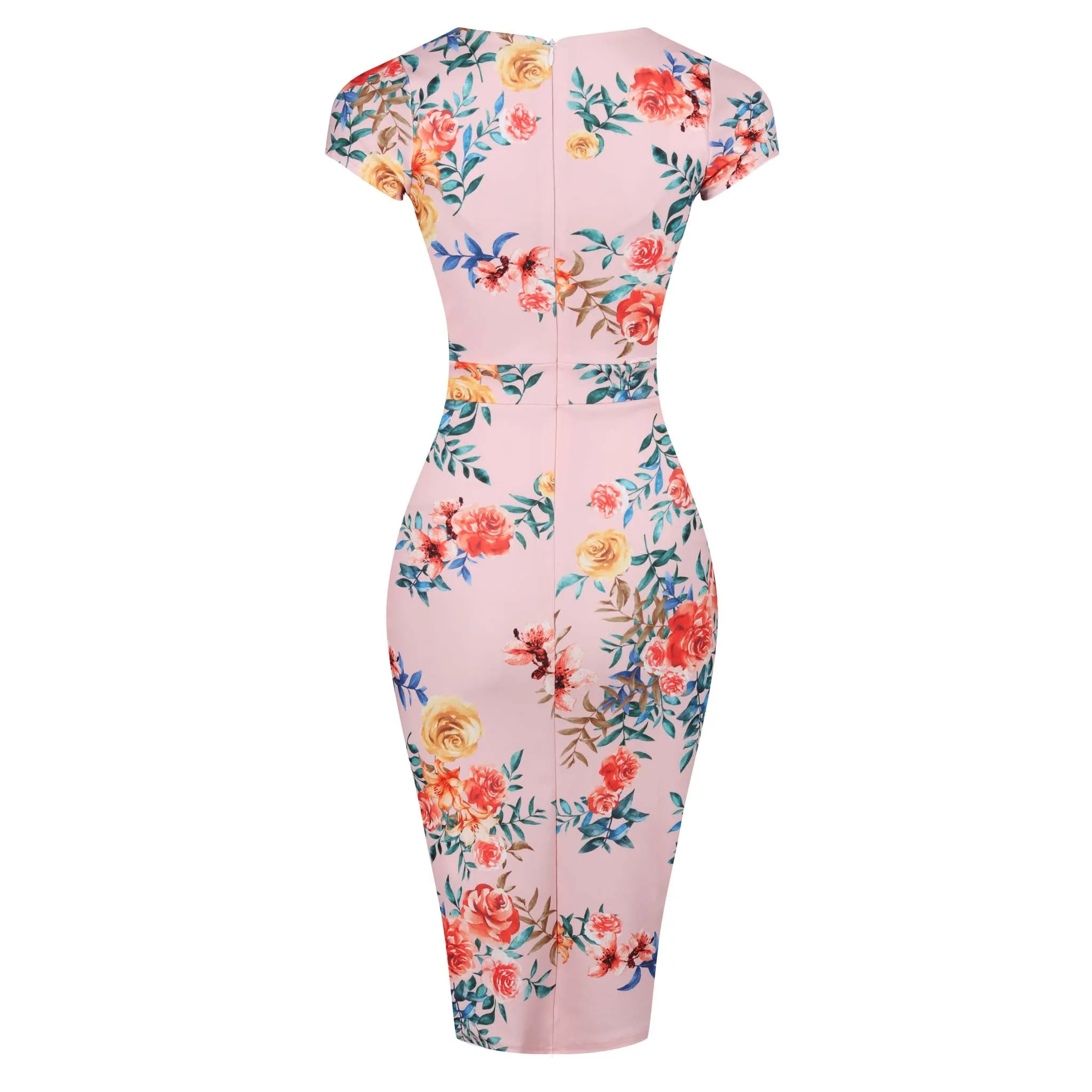 Pink Floral Print Crossover Top Cap Sleeve Pencil Dress