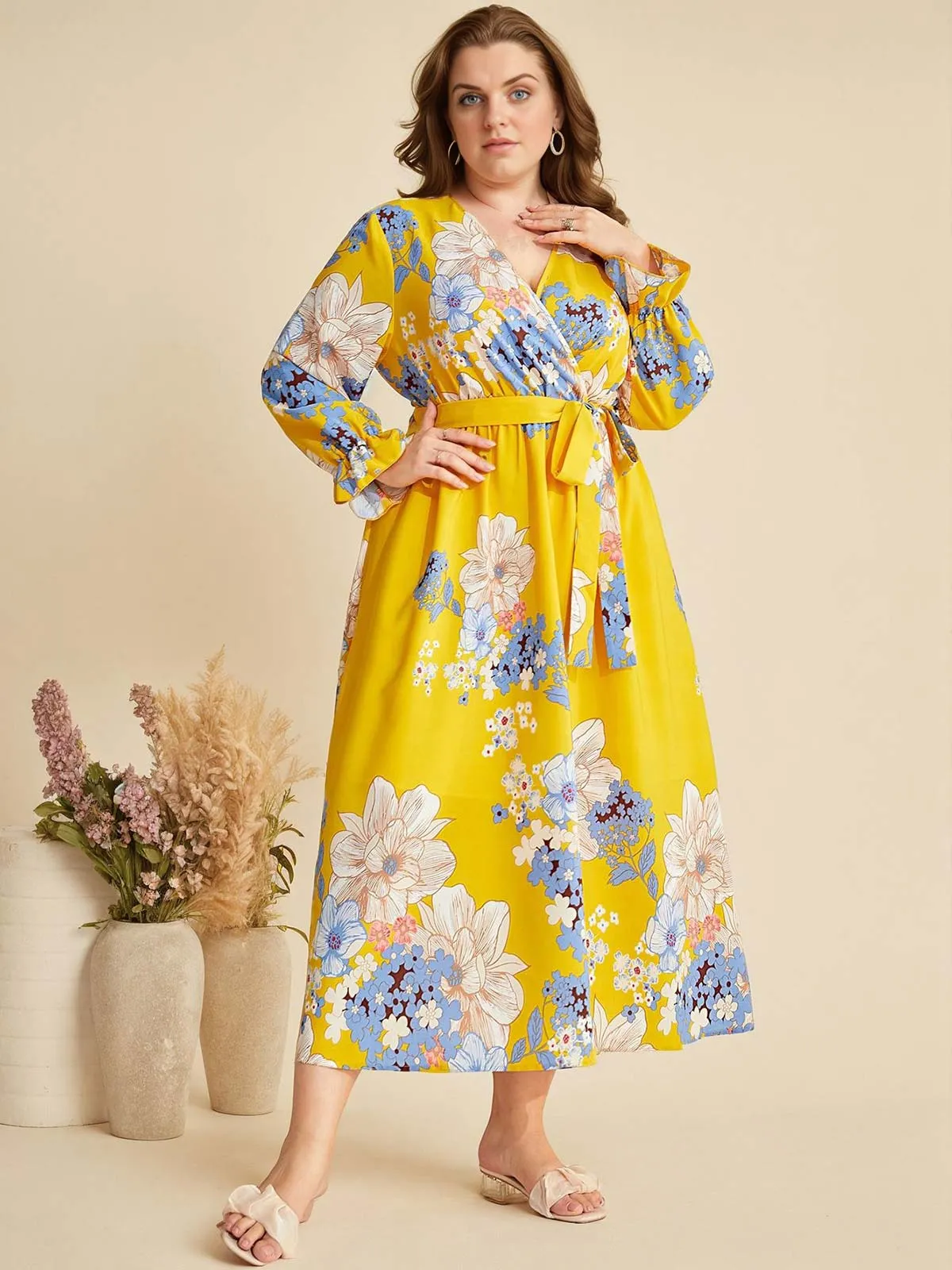 [Plus Size] Yellow 1930s Floral Tie-Up Midi Dress