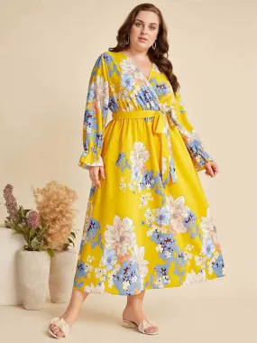 [Plus Size] Yellow 1930s Floral Tie-Up Midi Dress