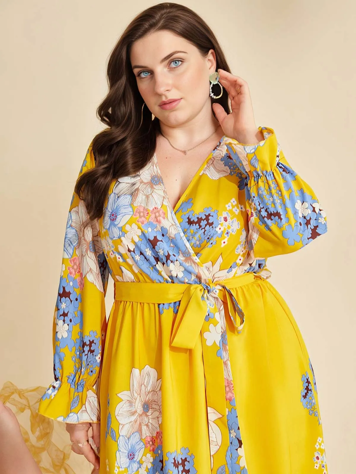 [Plus Size] Yellow 1930s Floral Tie-Up Midi Dress