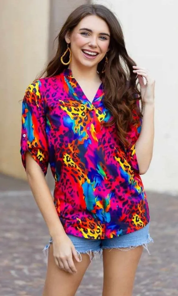 Red Leopard Multi color V-neck blouse