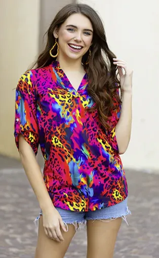 Red Leopard Multi color V-neck blouse