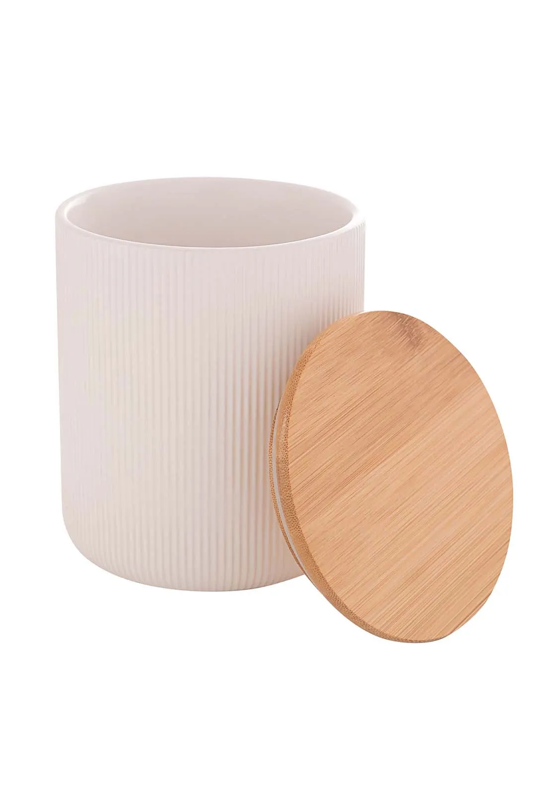 Ribbed Canister With Bamboo - White