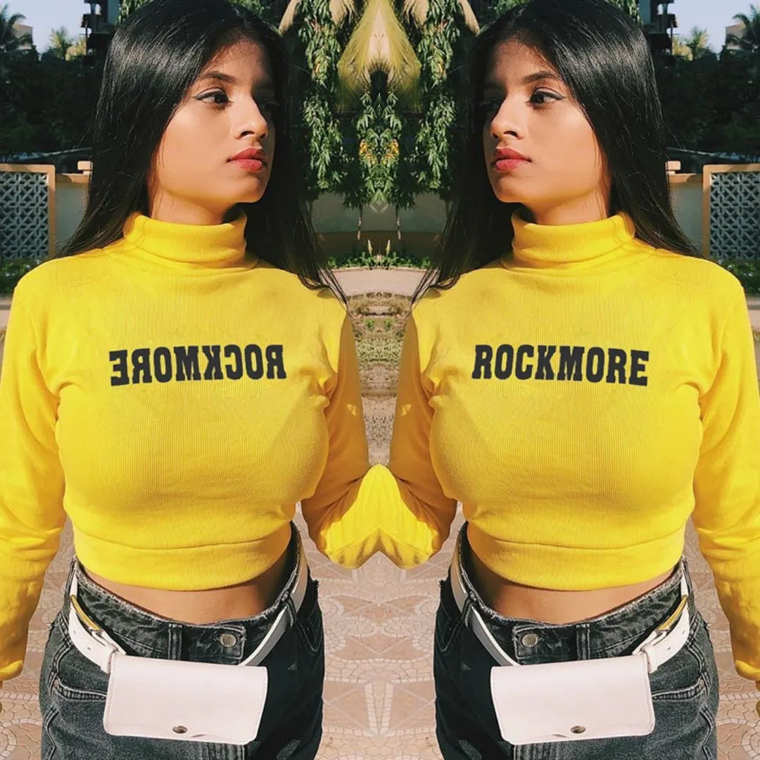 'ROCKMORE YELLOW' TOP - Maleta crop galbena cu maneca lunga si mesaj