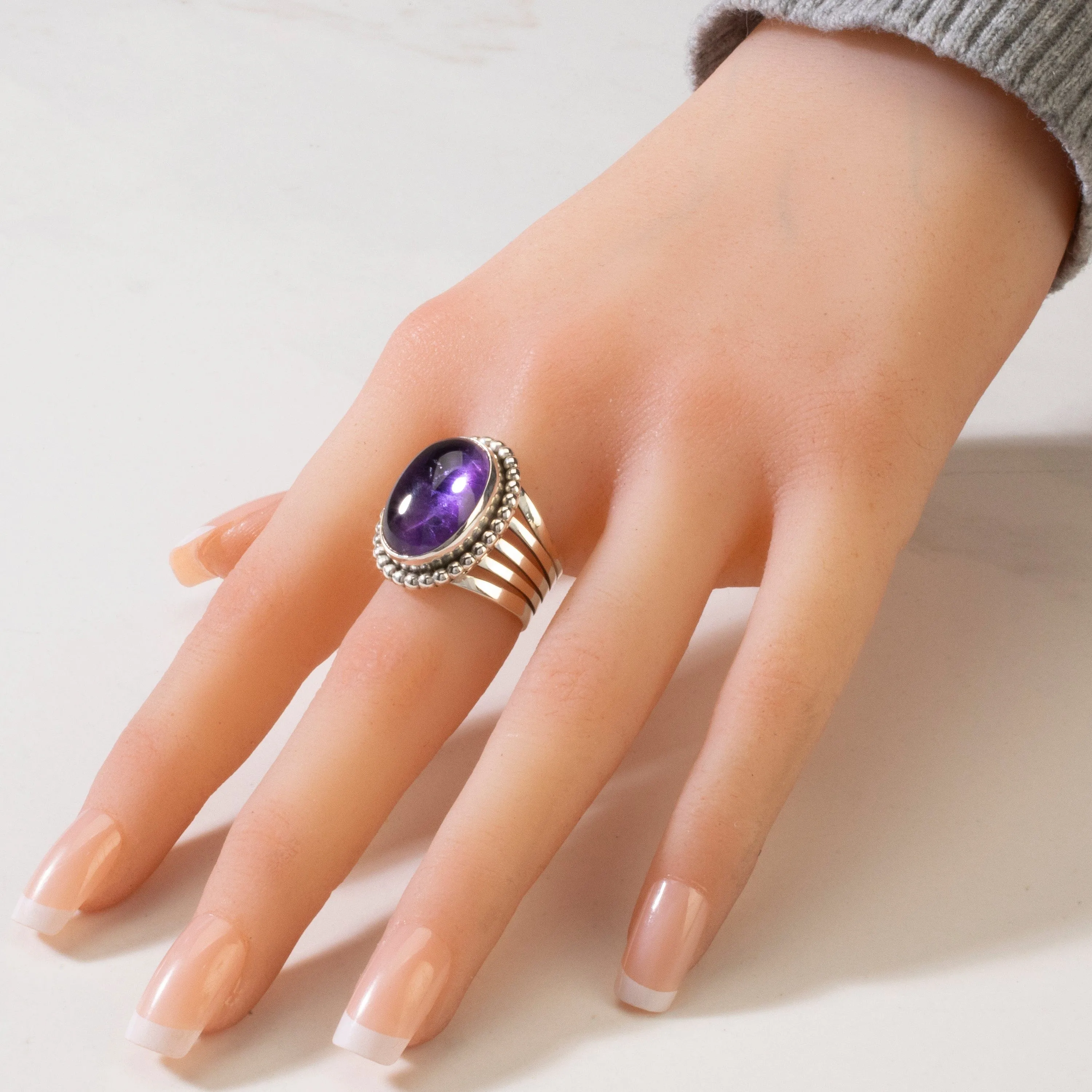 Russell Sam Amethyst Cabochon Navajo USA Native American Made 925 Sterling Silver Ring