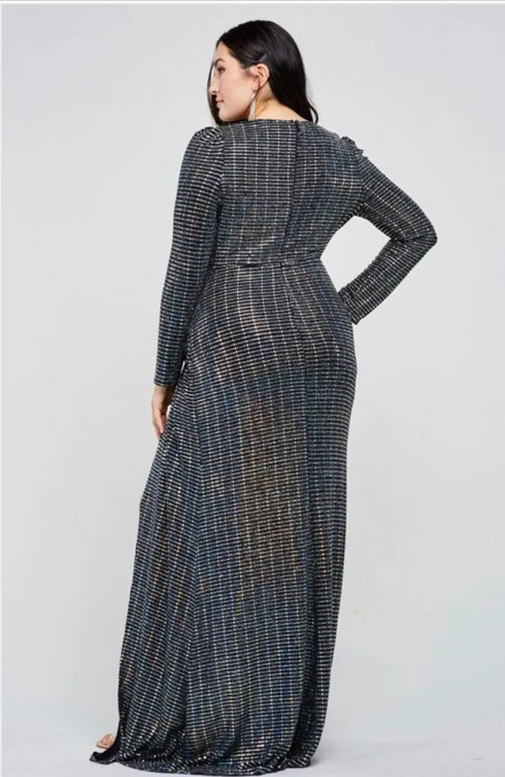 Sexy Holiday Black Hologram Sequin Tile Maxi Dress W/Split - PLUS