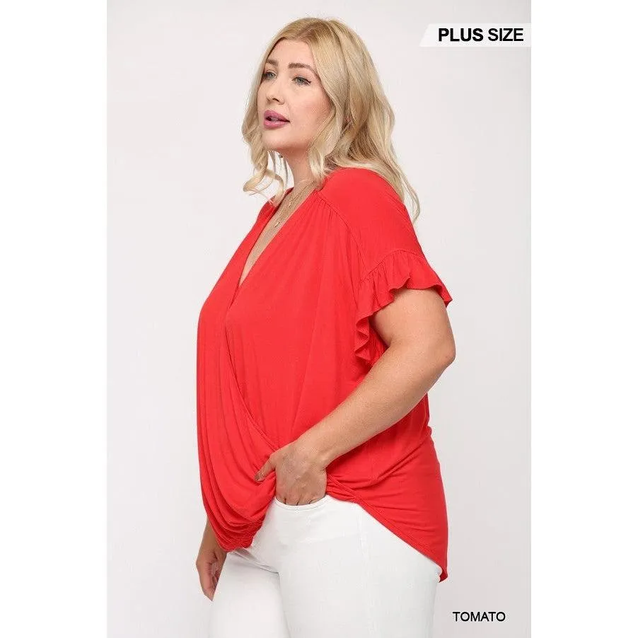 Solid Viscose Knit Surplice Top With Ruffle Sleeve