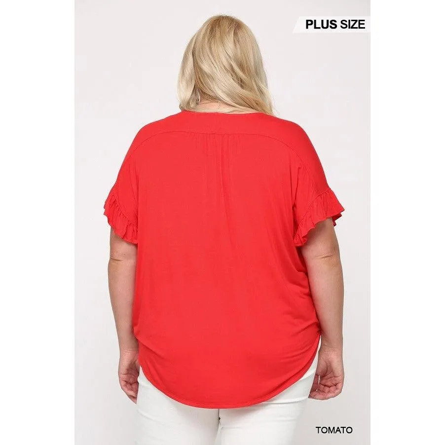 Solid Viscose Knit Surplice Top With Ruffle Sleeve