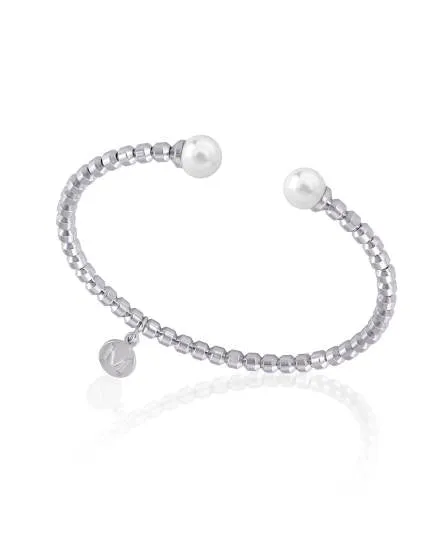 Steel Bangle Bracelet for Women with Organic Pearls, 7mm Round White Pearl, 19.6 size, Carmen Collection