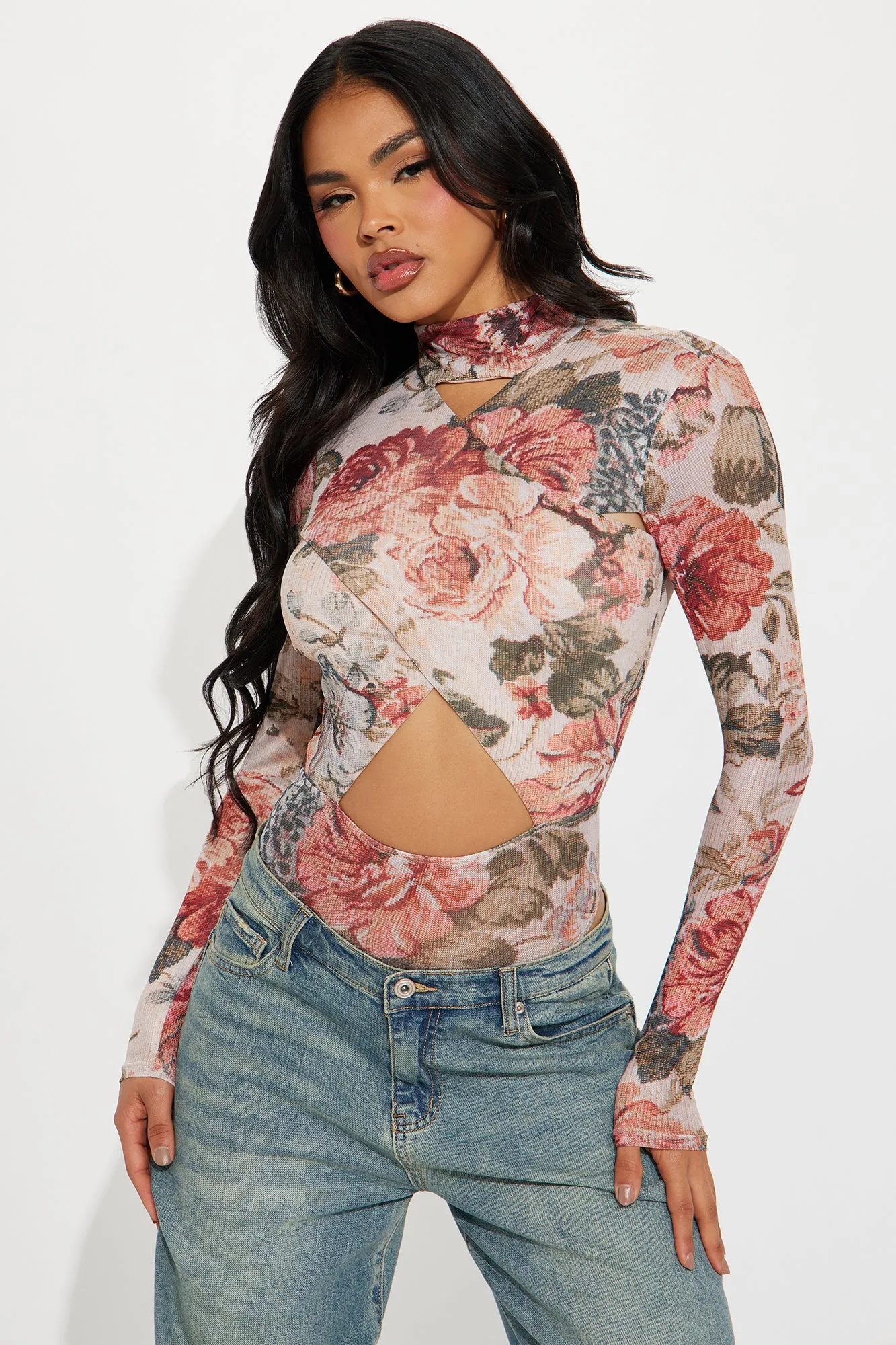 Stephanie Floral Bodysuit - Taupe/combo